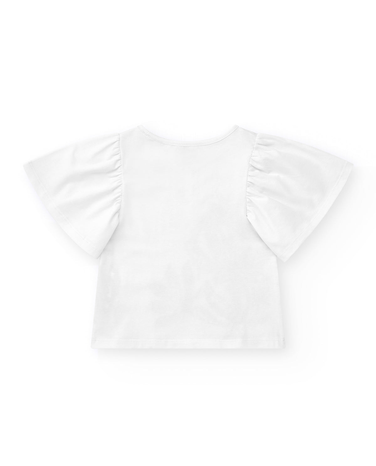 Camiseta para niña en blanco con mangas de volante y estampado floral.