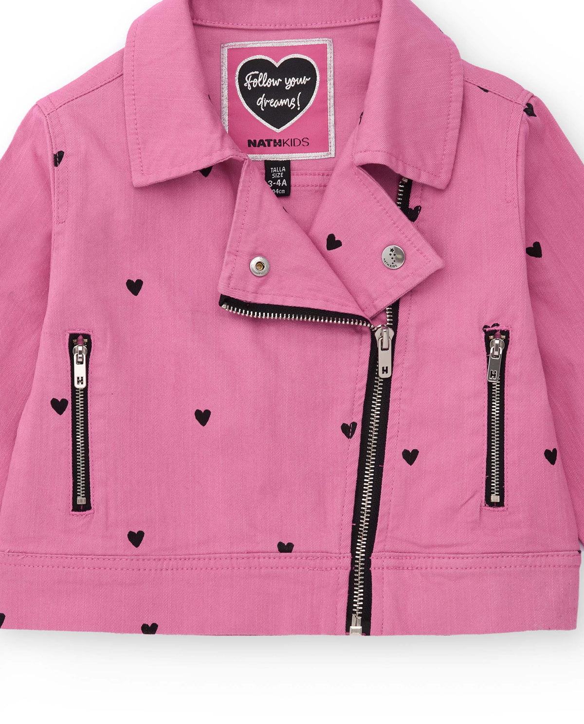 Cazadora biker niña en rosa con estampado de corazones