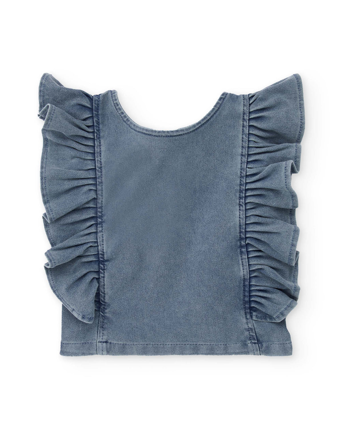 Blusa niña en denim azul con volantes en los hombros