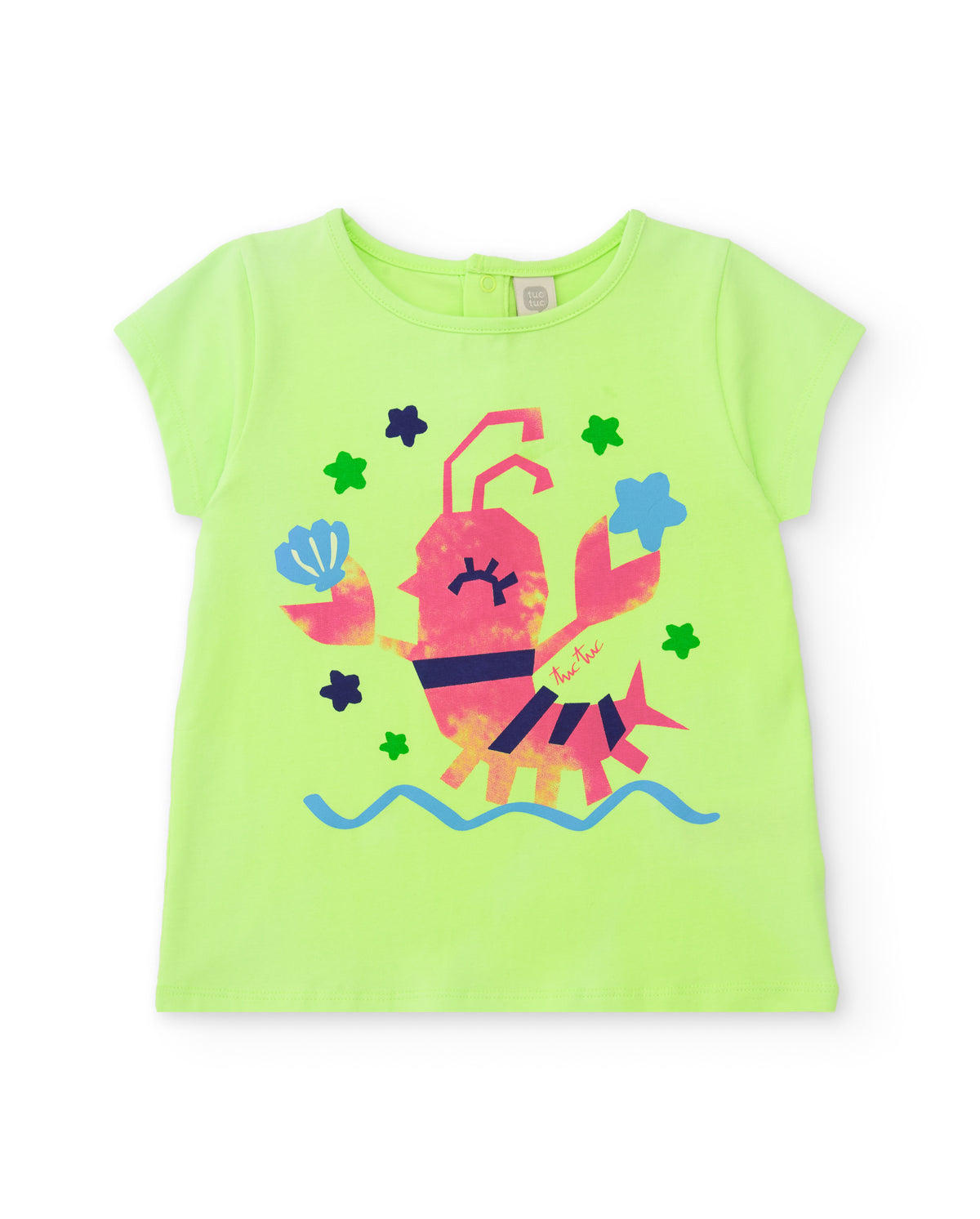 Camiseta de niña en verde neón con estampado de cangrejo multicolor