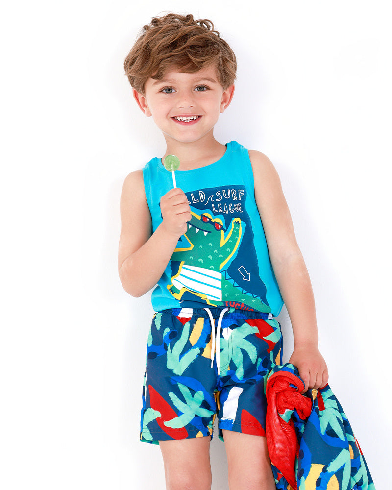 Bermuda de baño para niño en azul marino con estampado y cintura ajustable