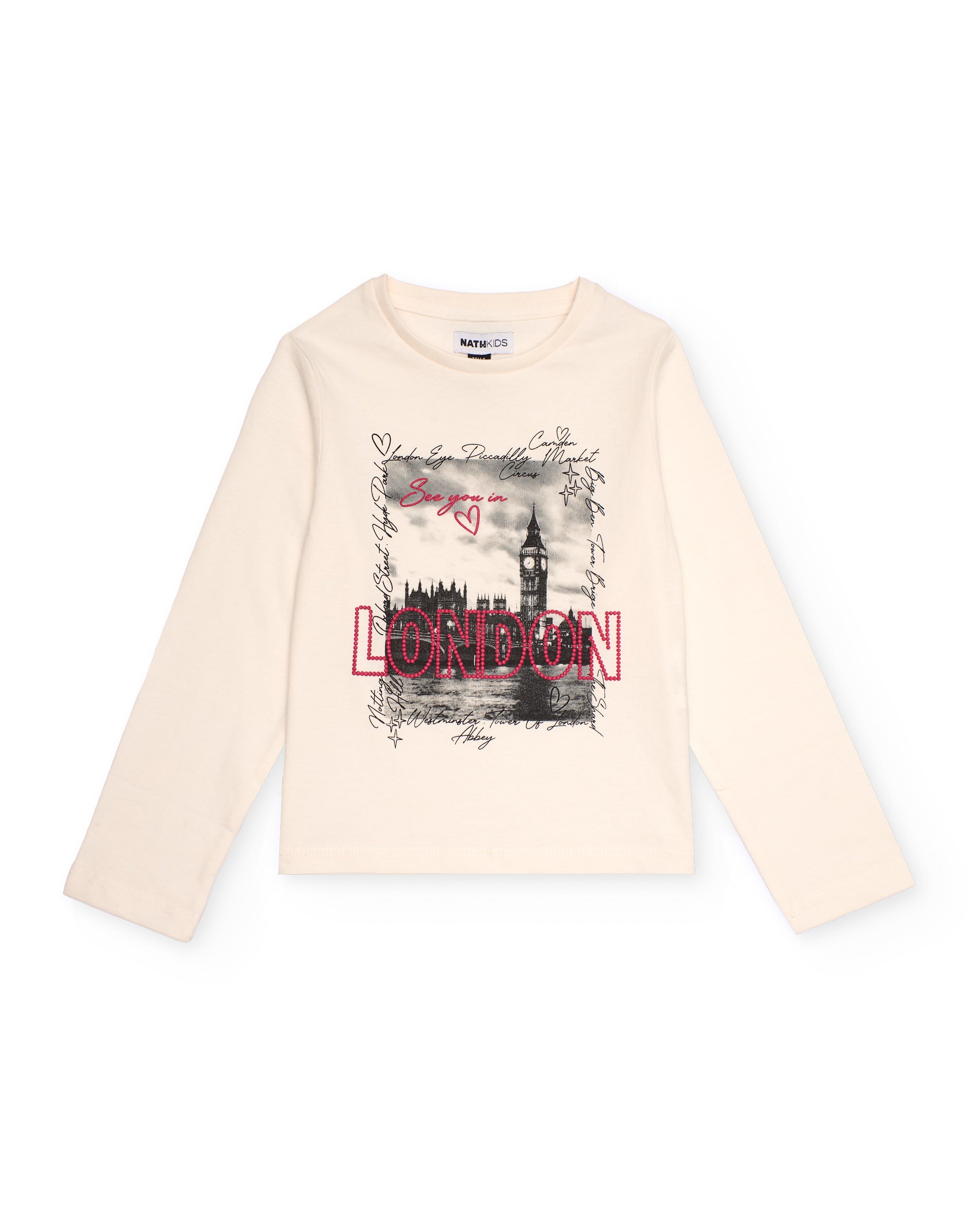 Camiseta de manga larga para niña color crudo con estampado de