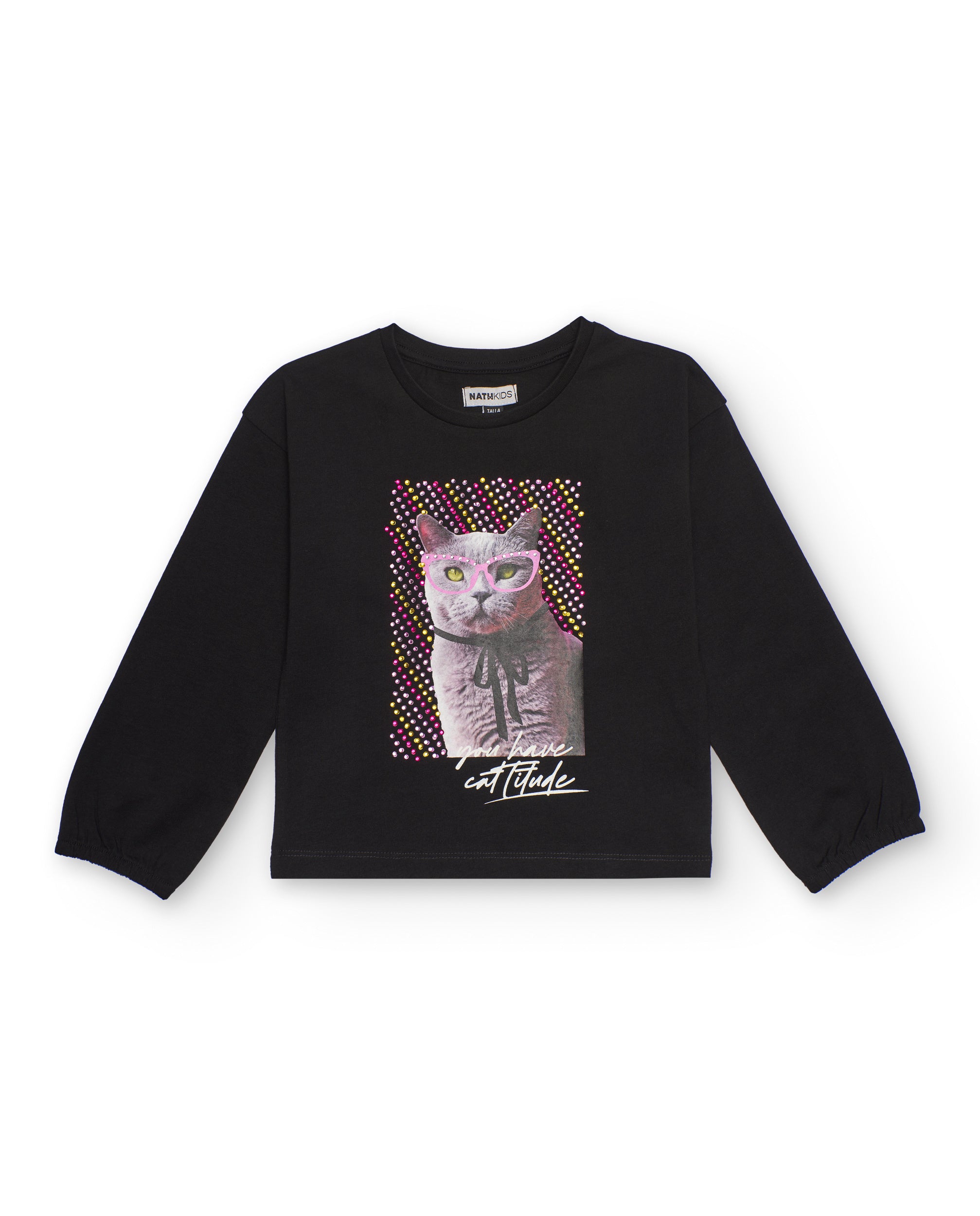 Camiseta de manga larga negra para niña con estampado de gato