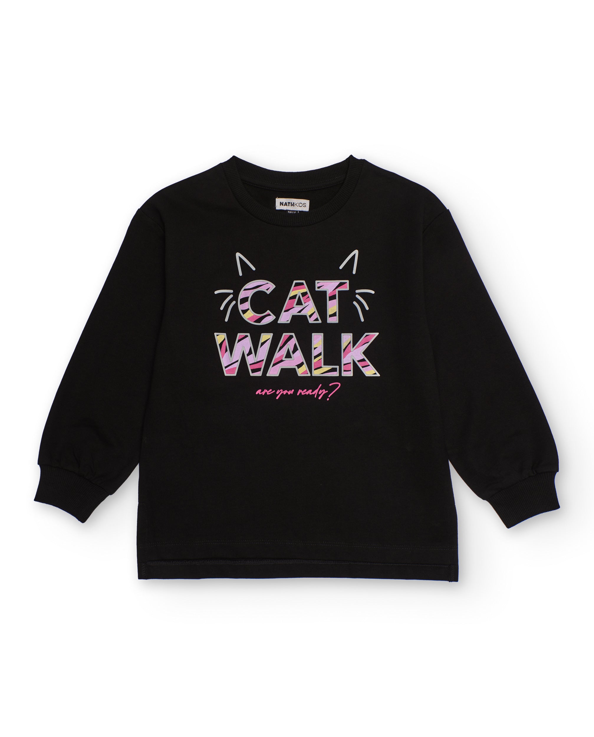 Sudadera negra de niña con estampado "CAT WALK"