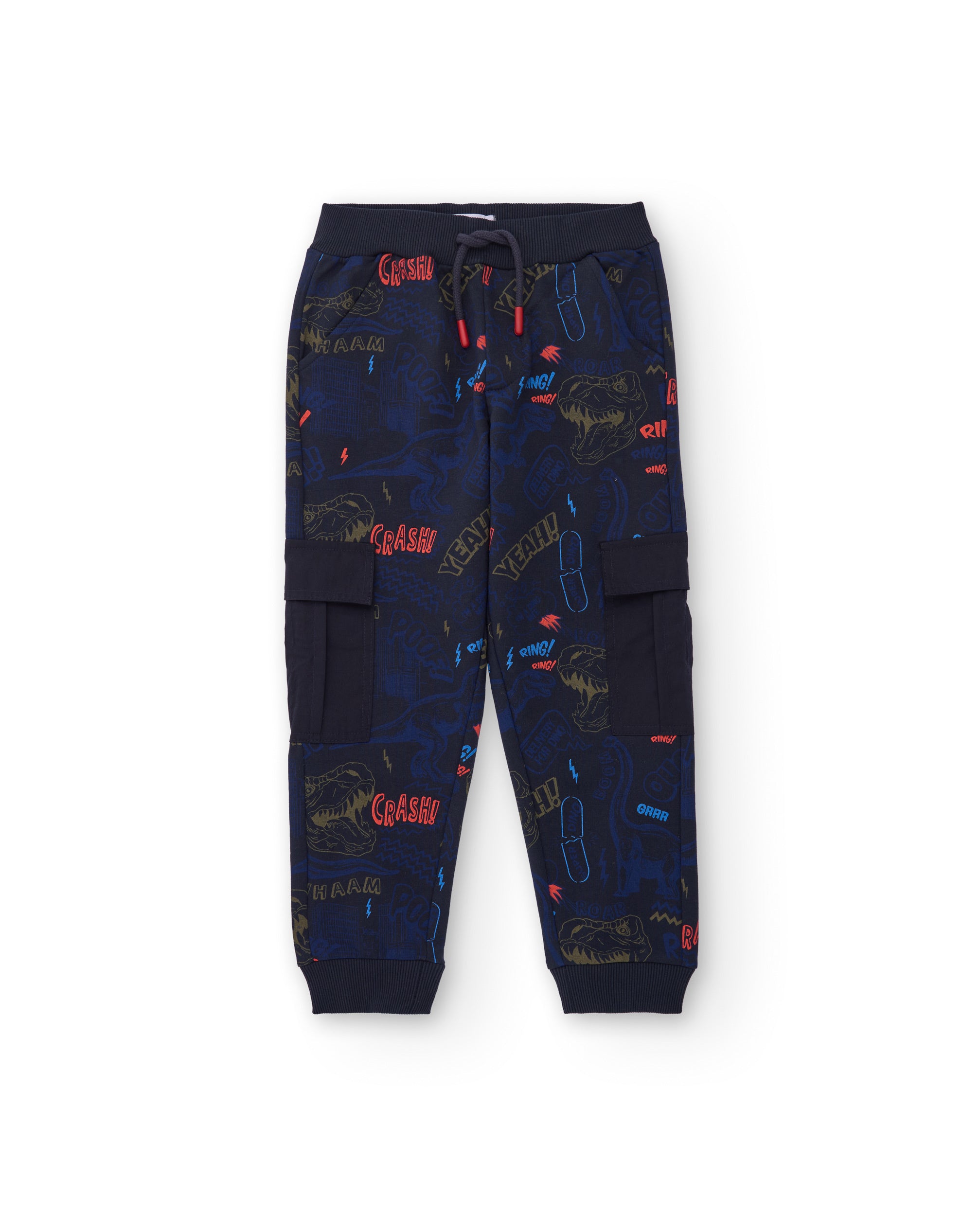 Pantalón jogger azul marino con estampado de dinosaurios y