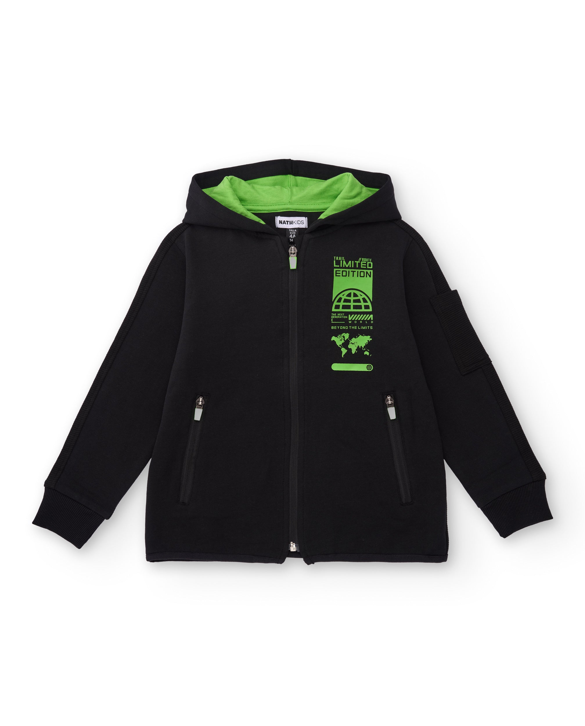 Sudadera con capucha negra para niño con estampado verde