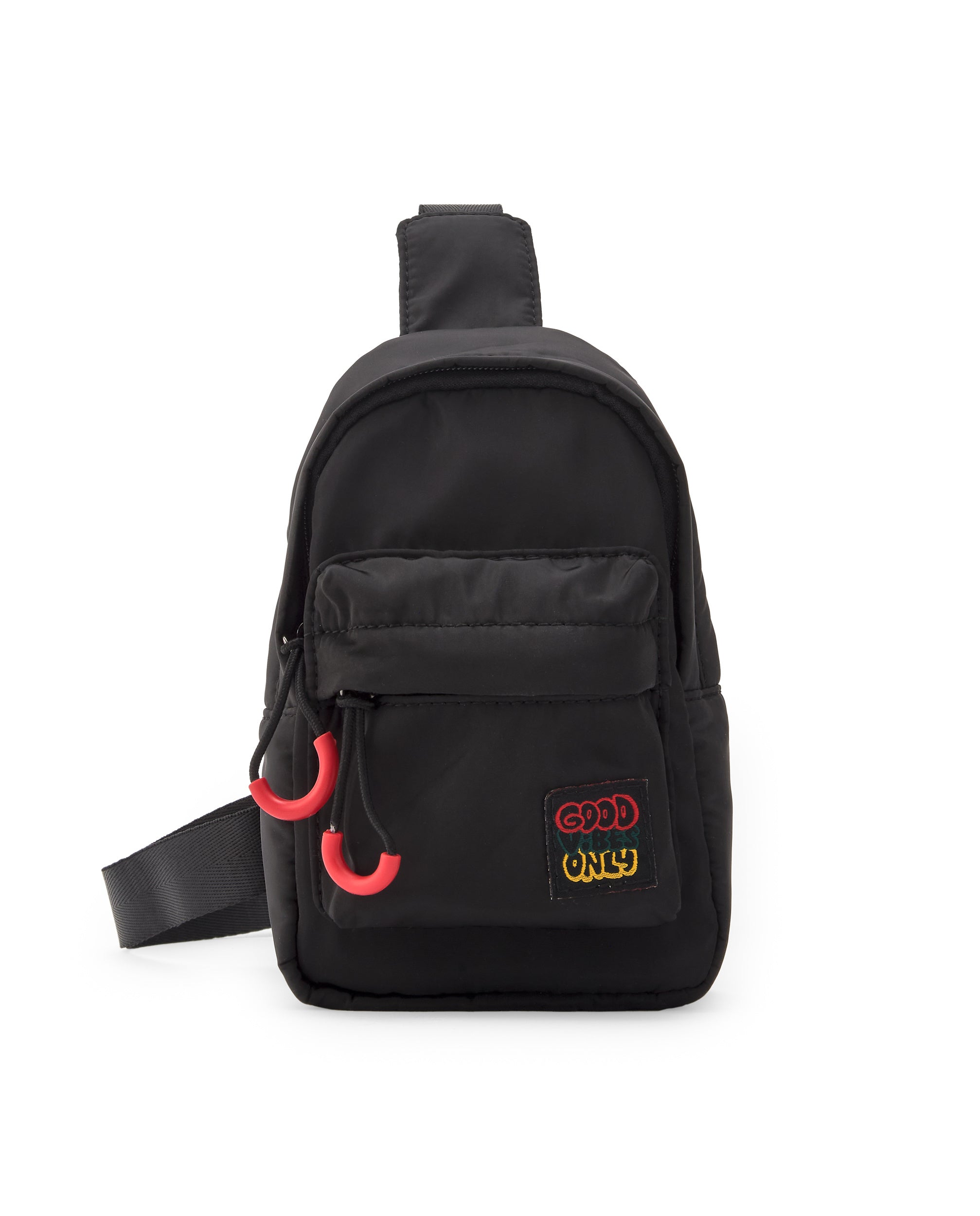 Riñonera negra con detalles rojos y bordado “Good Vibes Only”