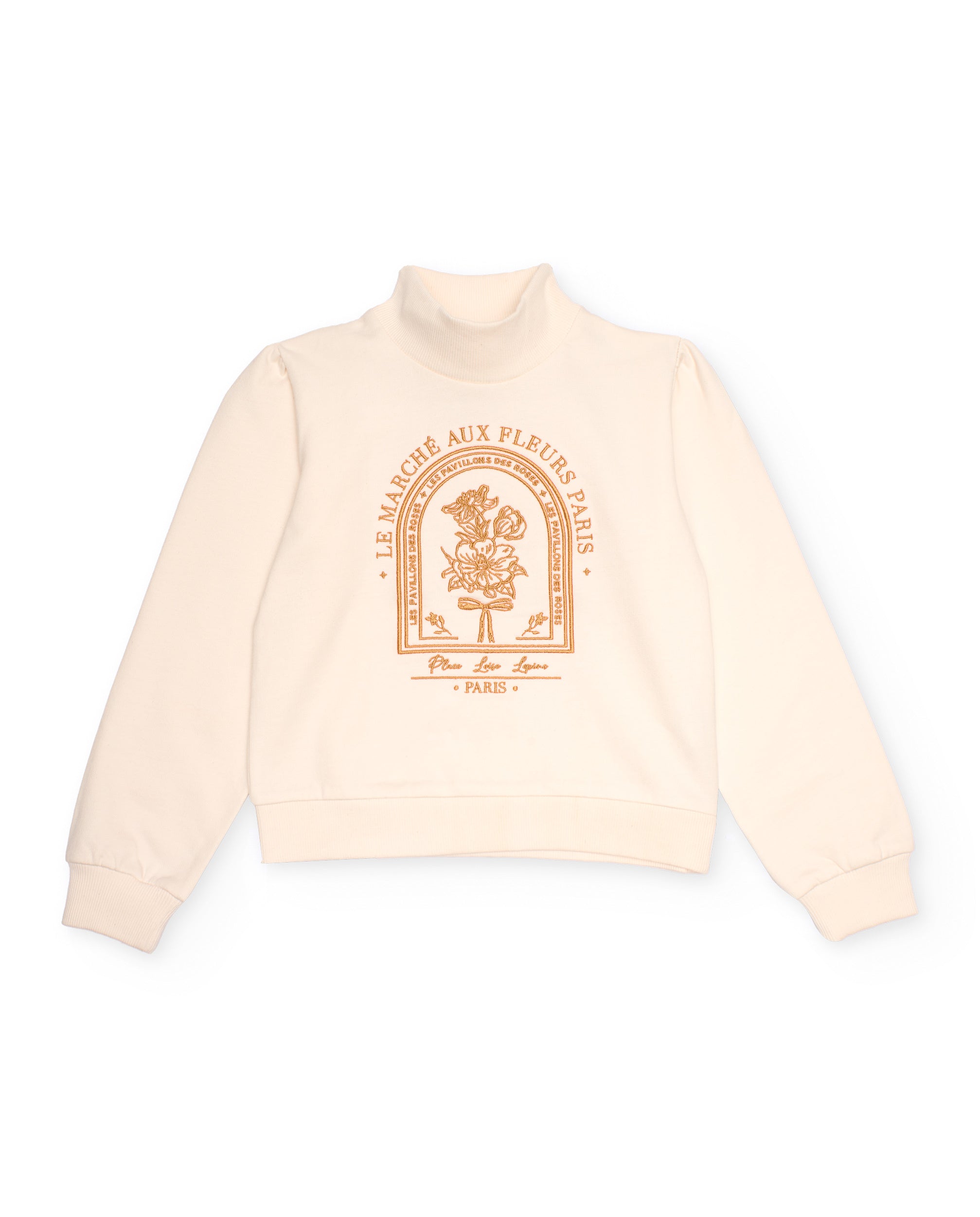 Sudadera color marfil para niña con cuello alto y estampado