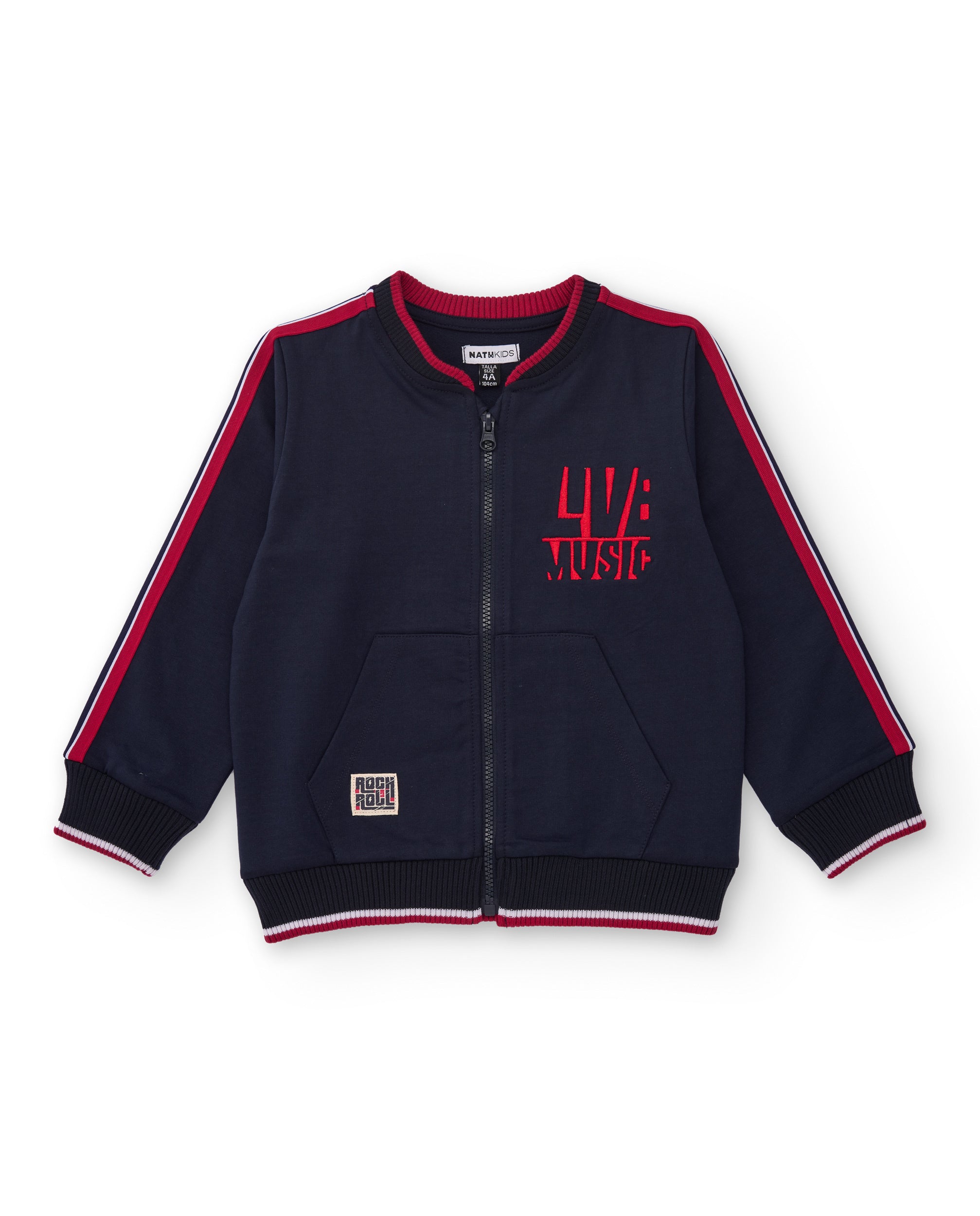 Chaqueta tipo bomber azul marino para niño con detalles en rojo