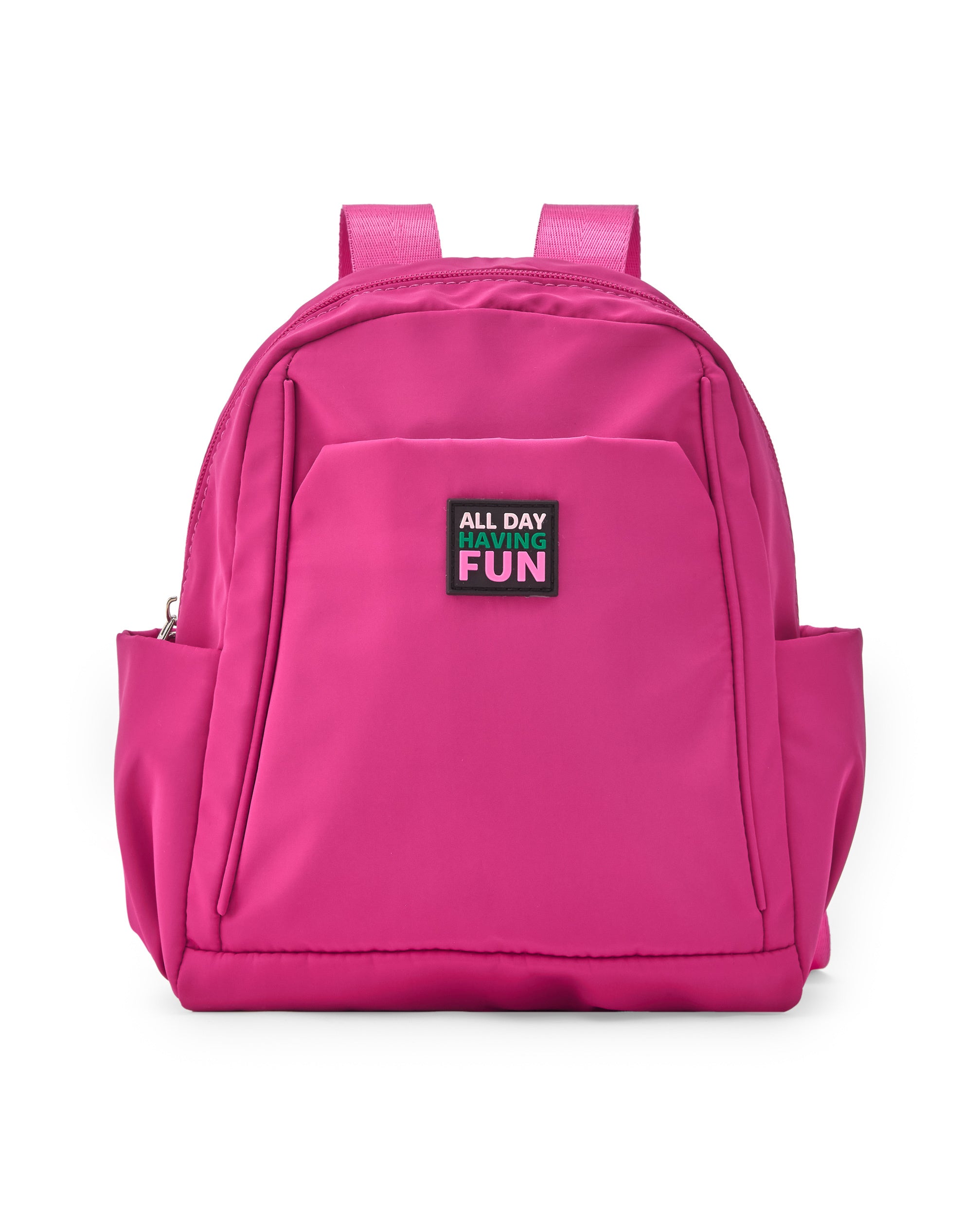 Mochila infantil color fucsia con bolsillos y parche frontal