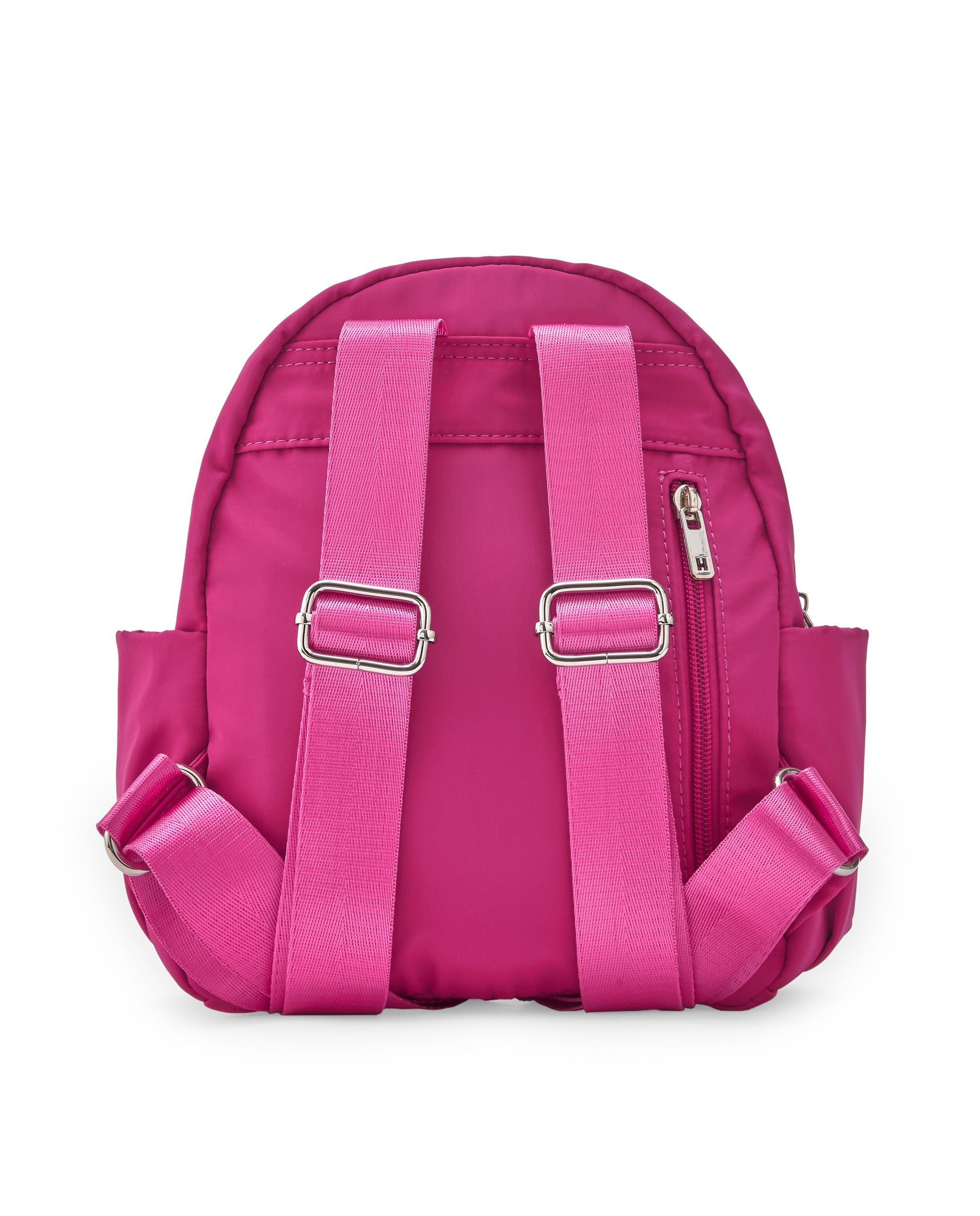 Mochila infantil color fucsia con bolsillos y parche frontal