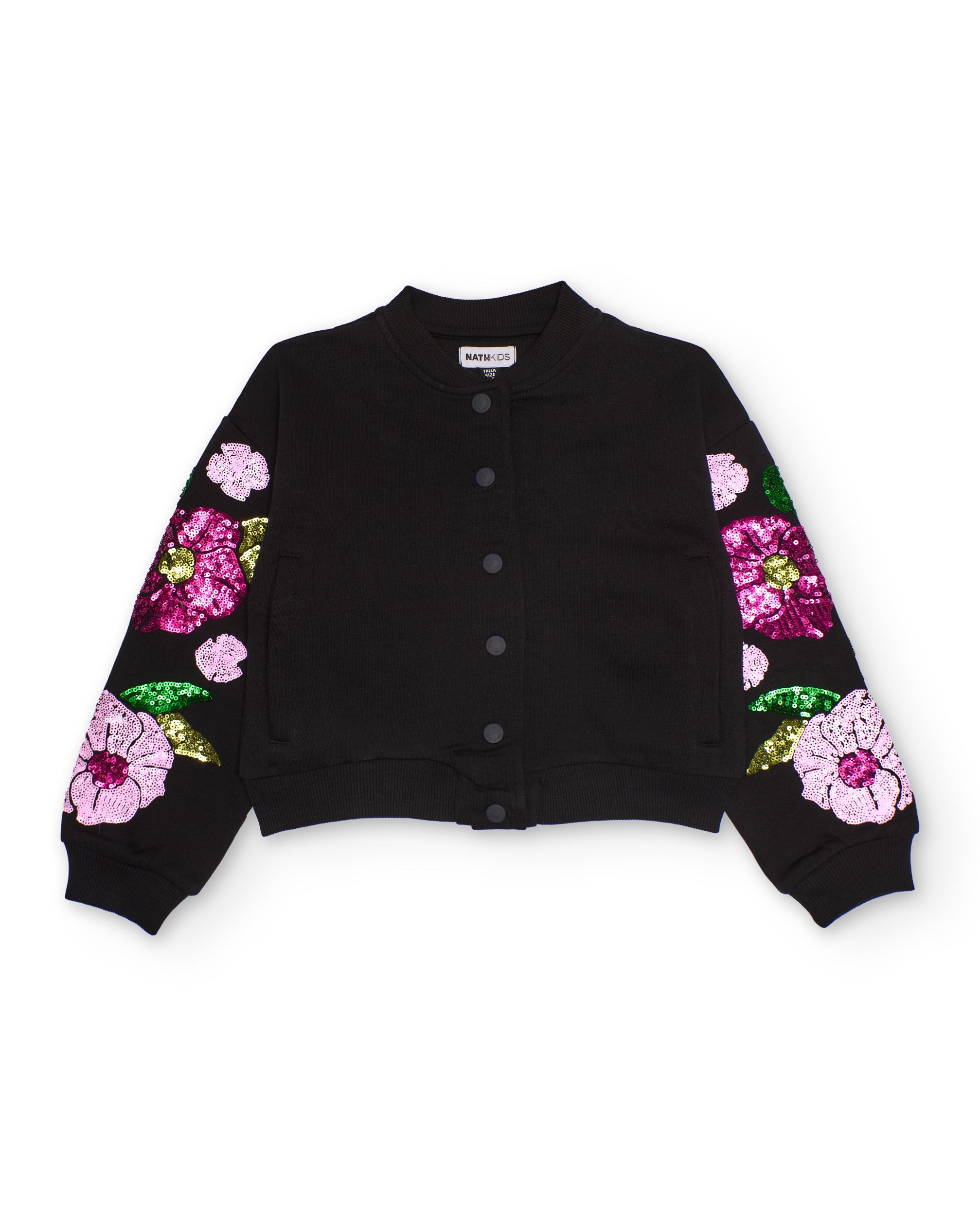 Chaqueta negra para niña con flores de lentejuelas en las mangas