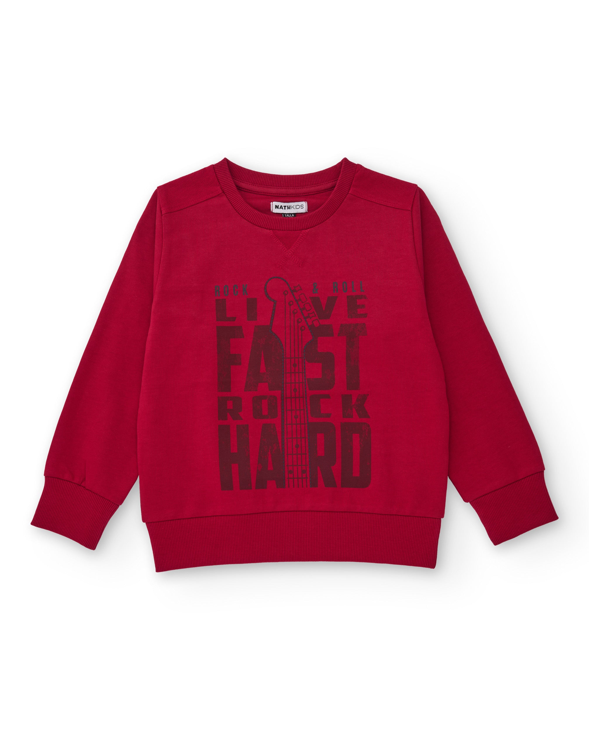 Sudadera roja para niño con estampado de guitarra y mensaje