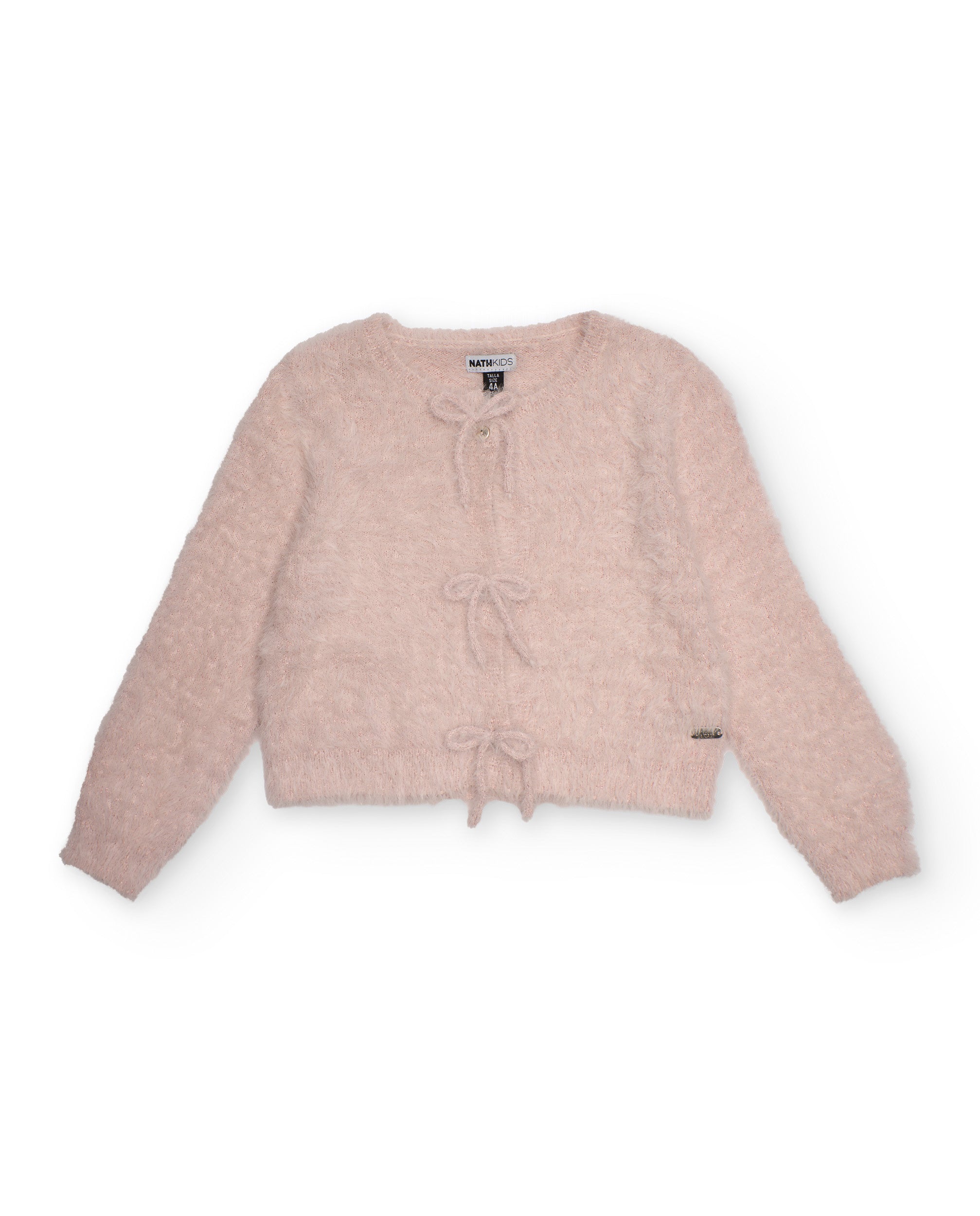 Cárdigan de punto para niña color rosa con lazo decorativo