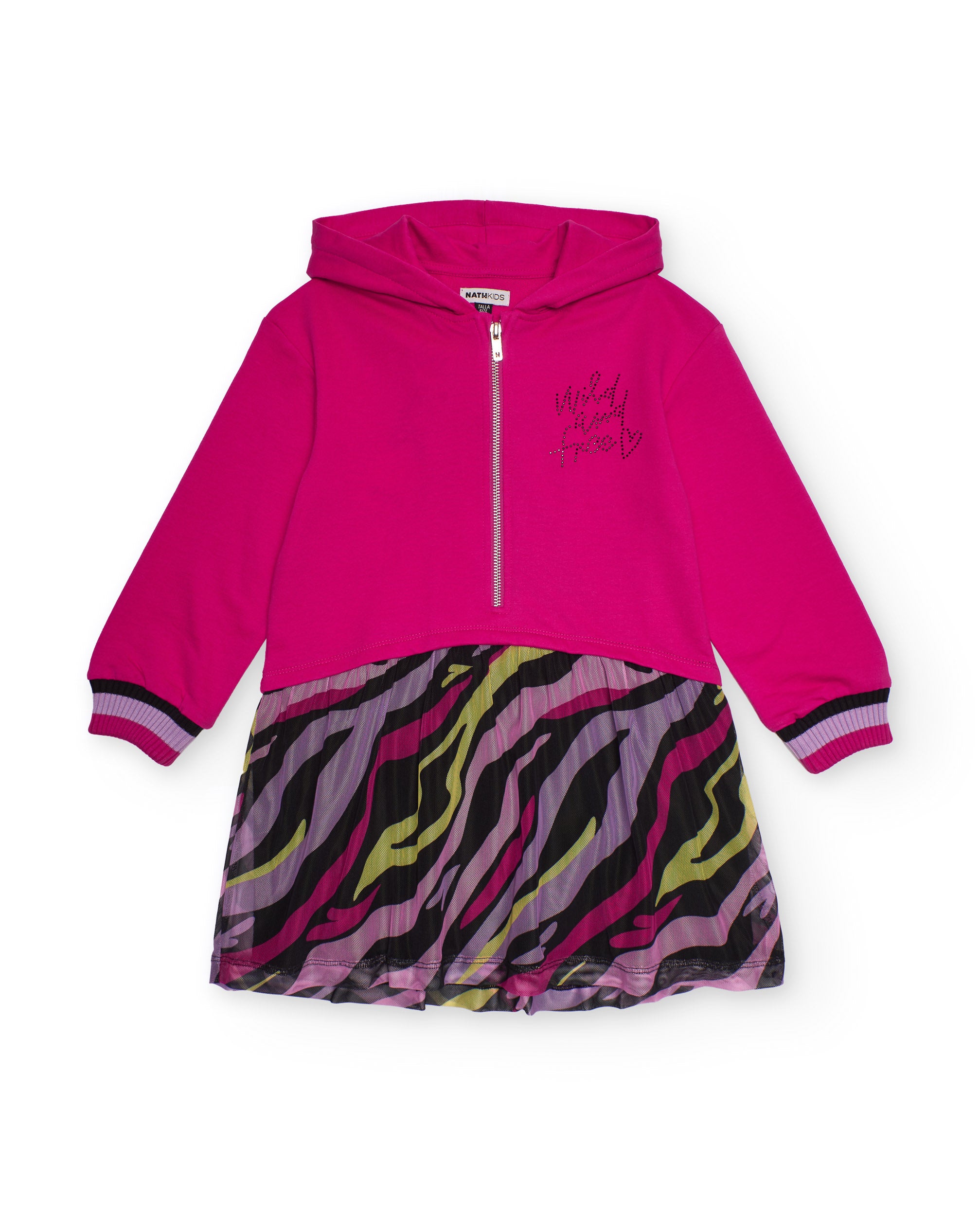 Vestido sudadera fucsia con falda plisada estampada para niña