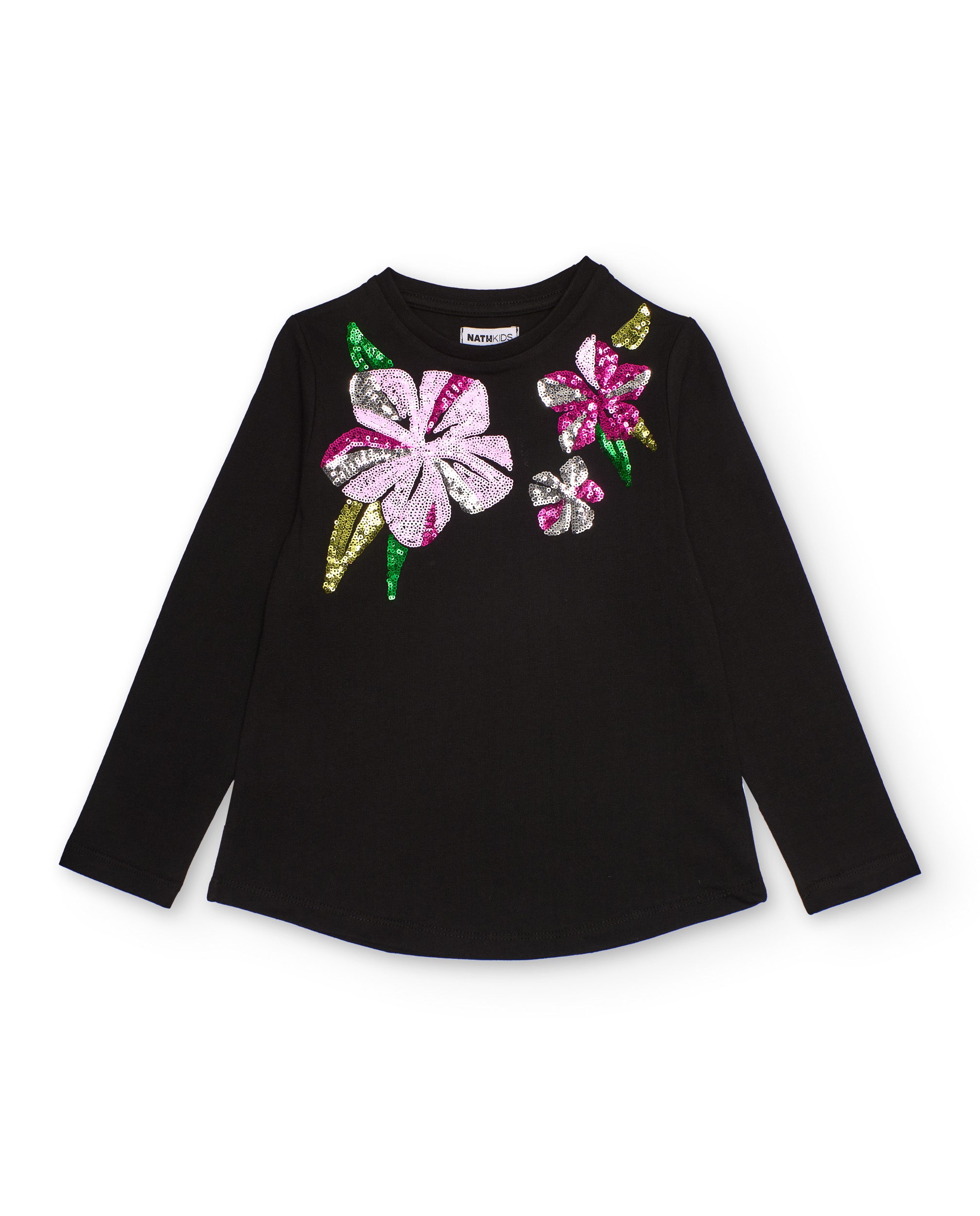 Camiseta negra de manga larga con flores de lentejuelas para