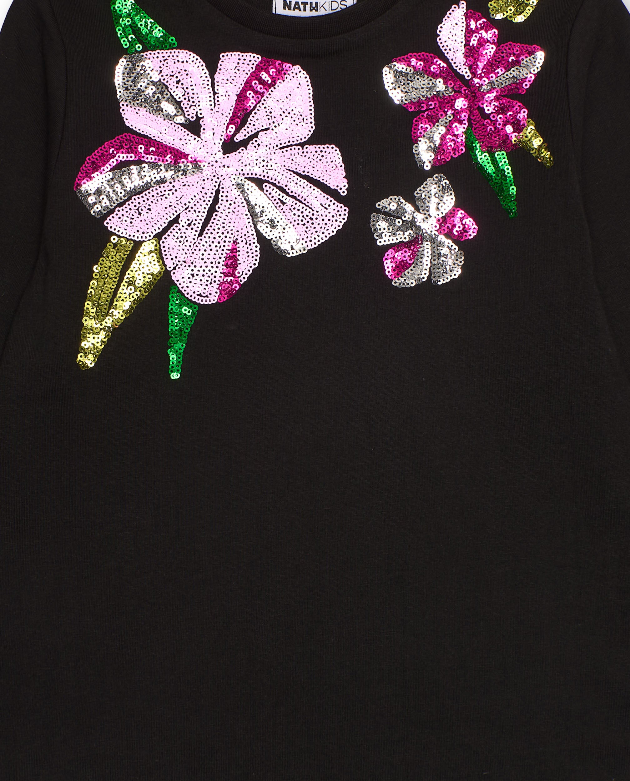 Camiseta negra de manga larga con flores de lentejuelas para