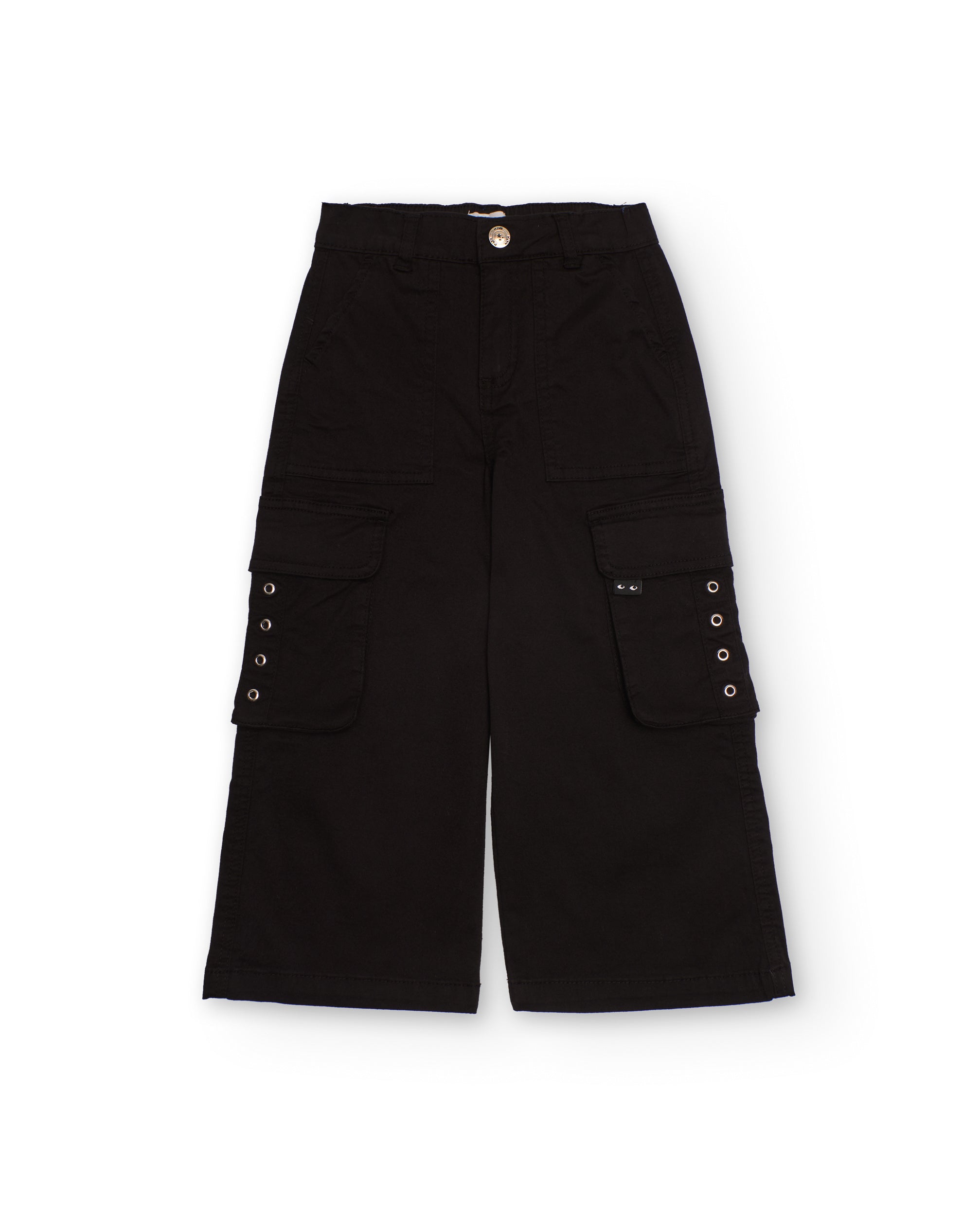 Pantalón cargo ancho negro con ojales decorativos para niña