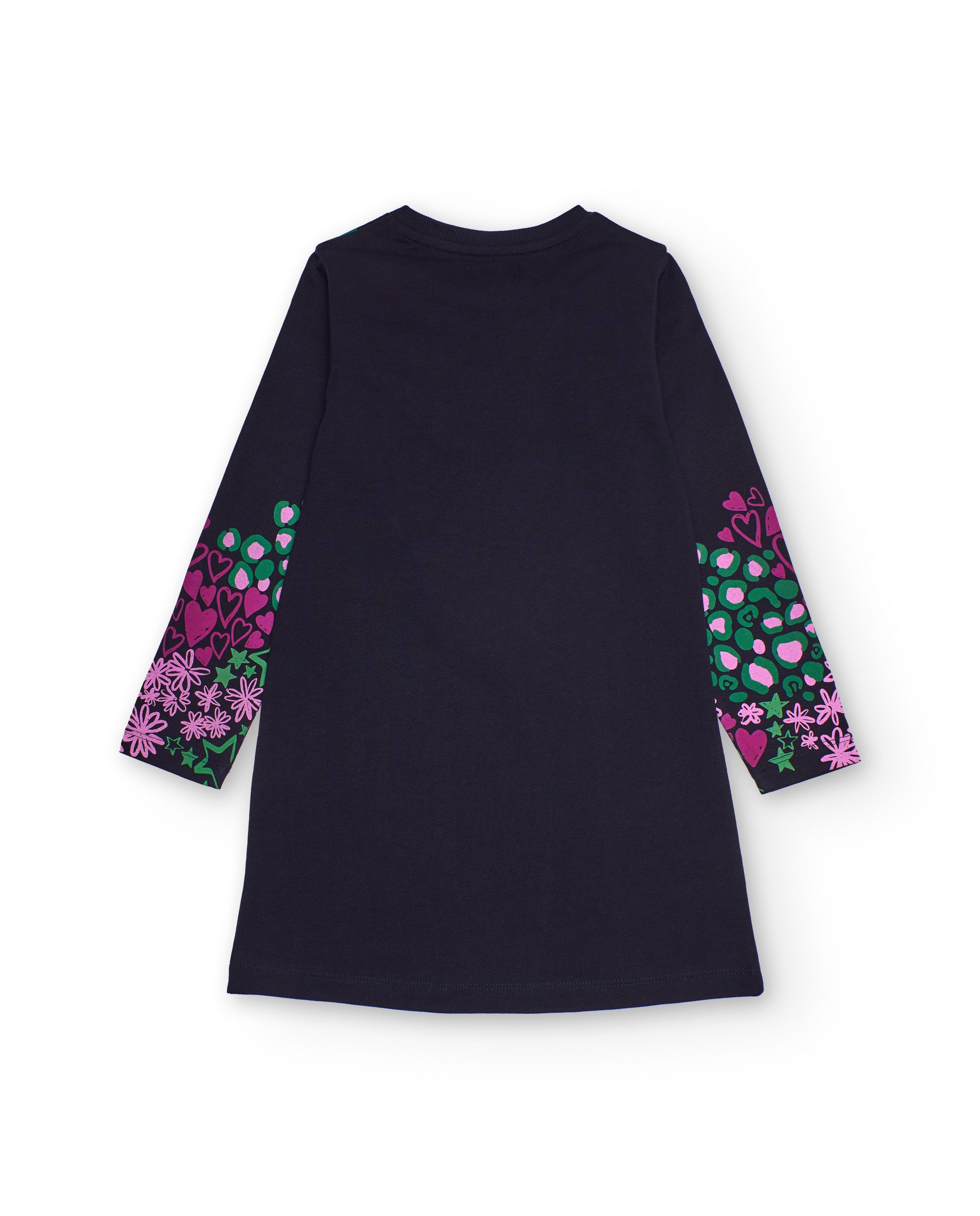 Vestido azul marino de manga larga con estampado multicolor