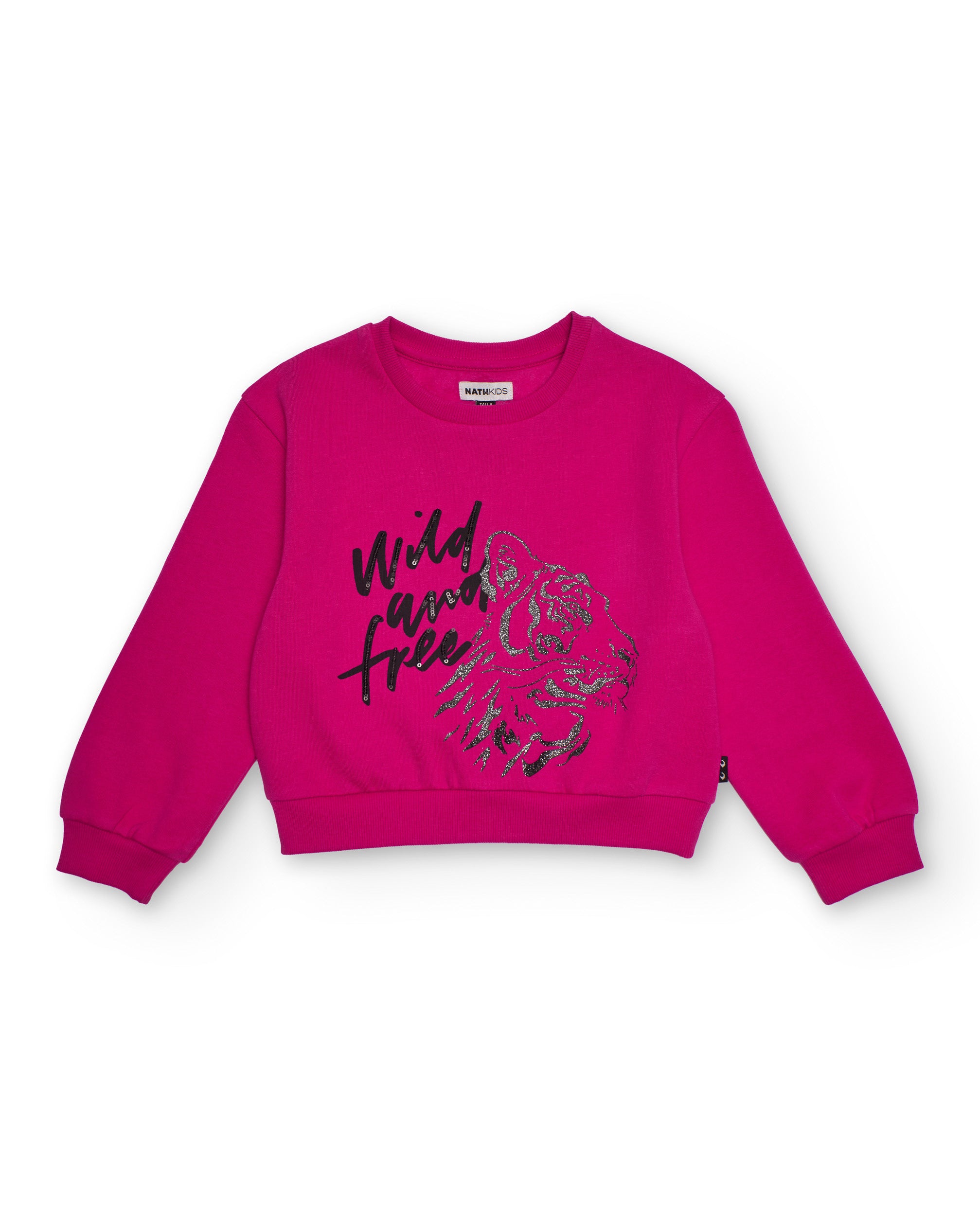 Sudadera fucsia de niña con estampado de tigre y mensaje