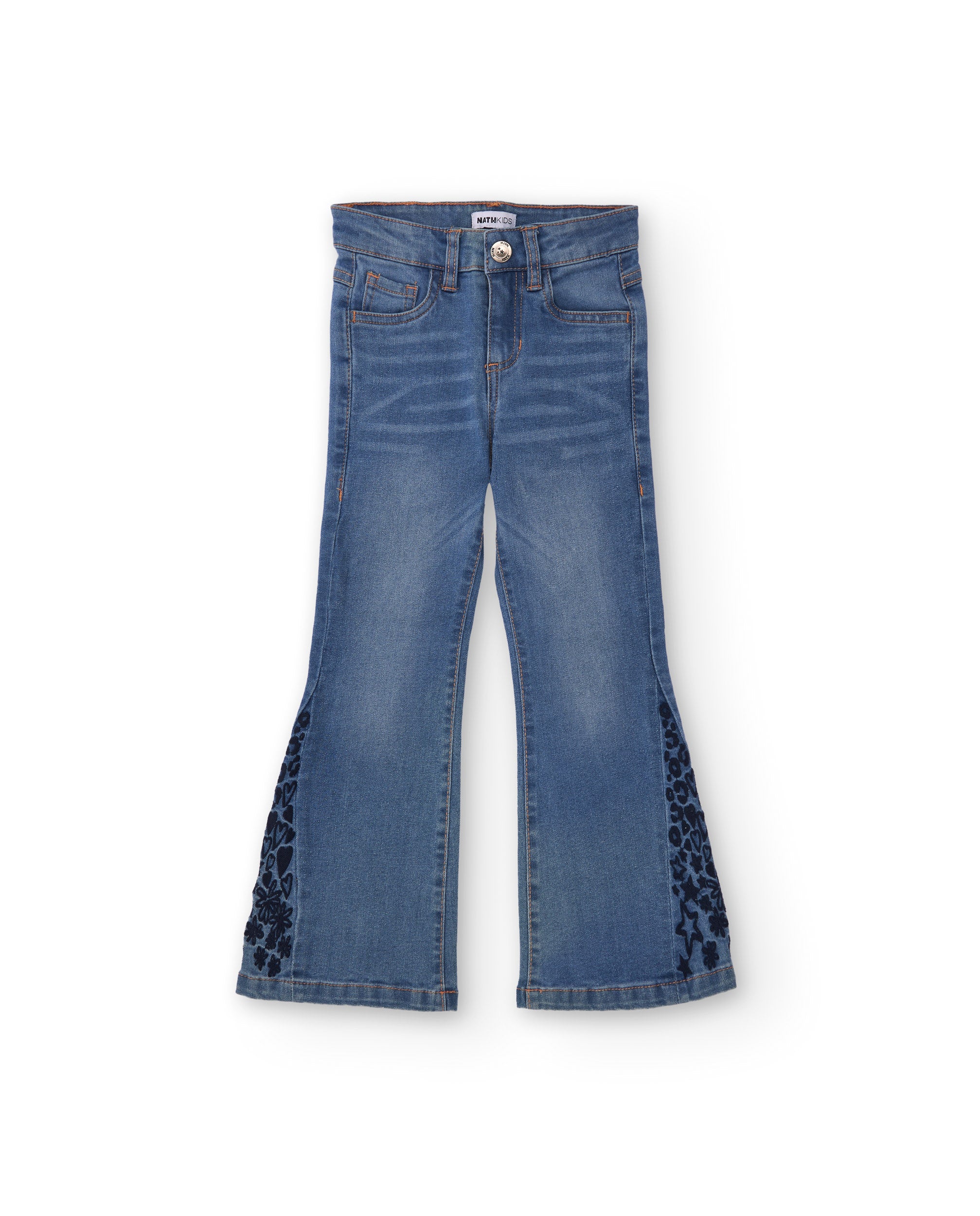 Pantalón vaquero acampanado para niña con detalle bordado