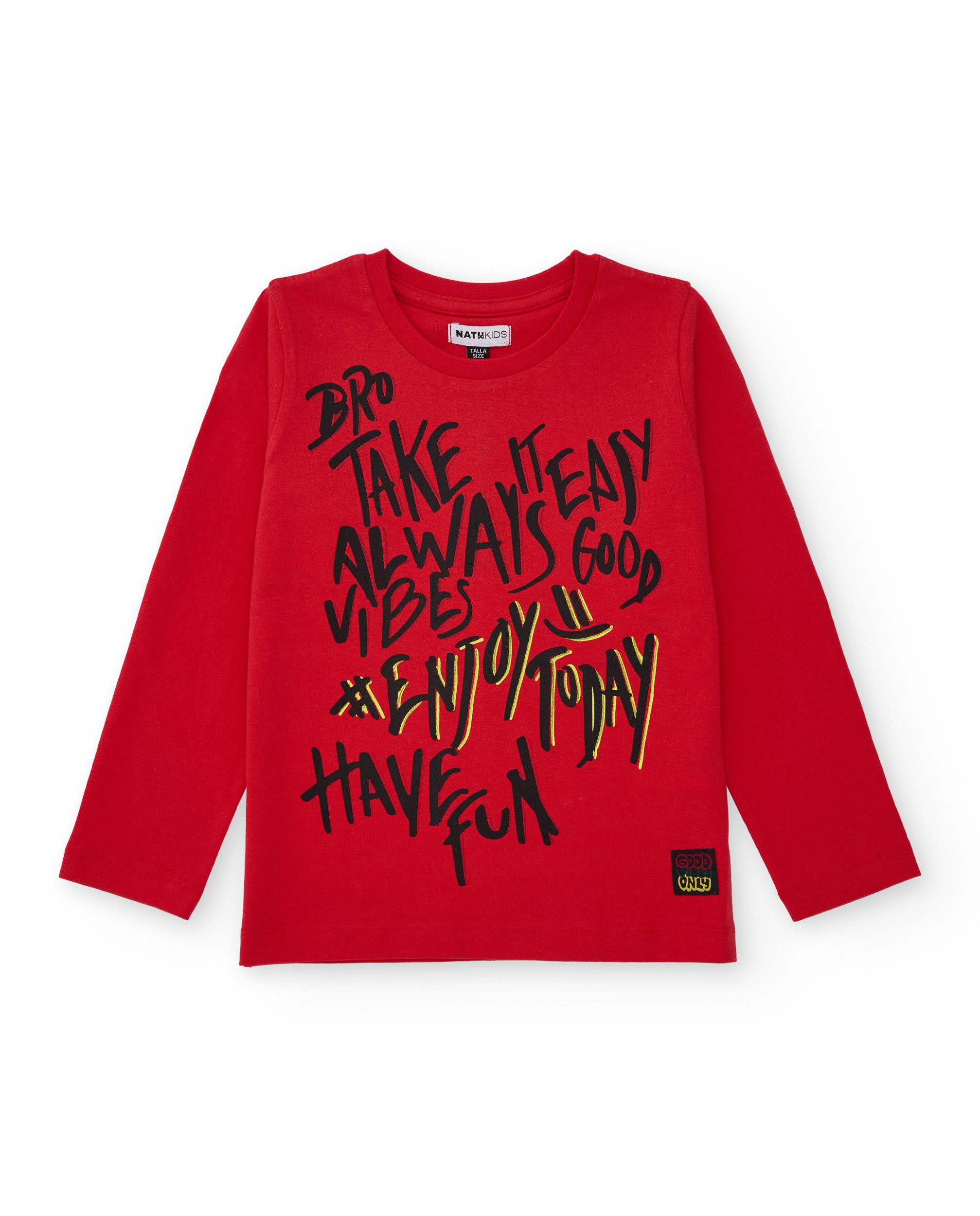 Camiseta roja de manga larga para niño con mensaje gráfico