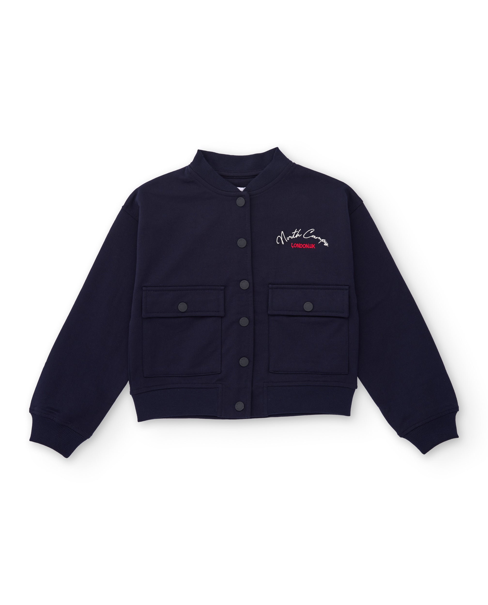 Chaqueta azul marino de felpa para niña con bordado frontal