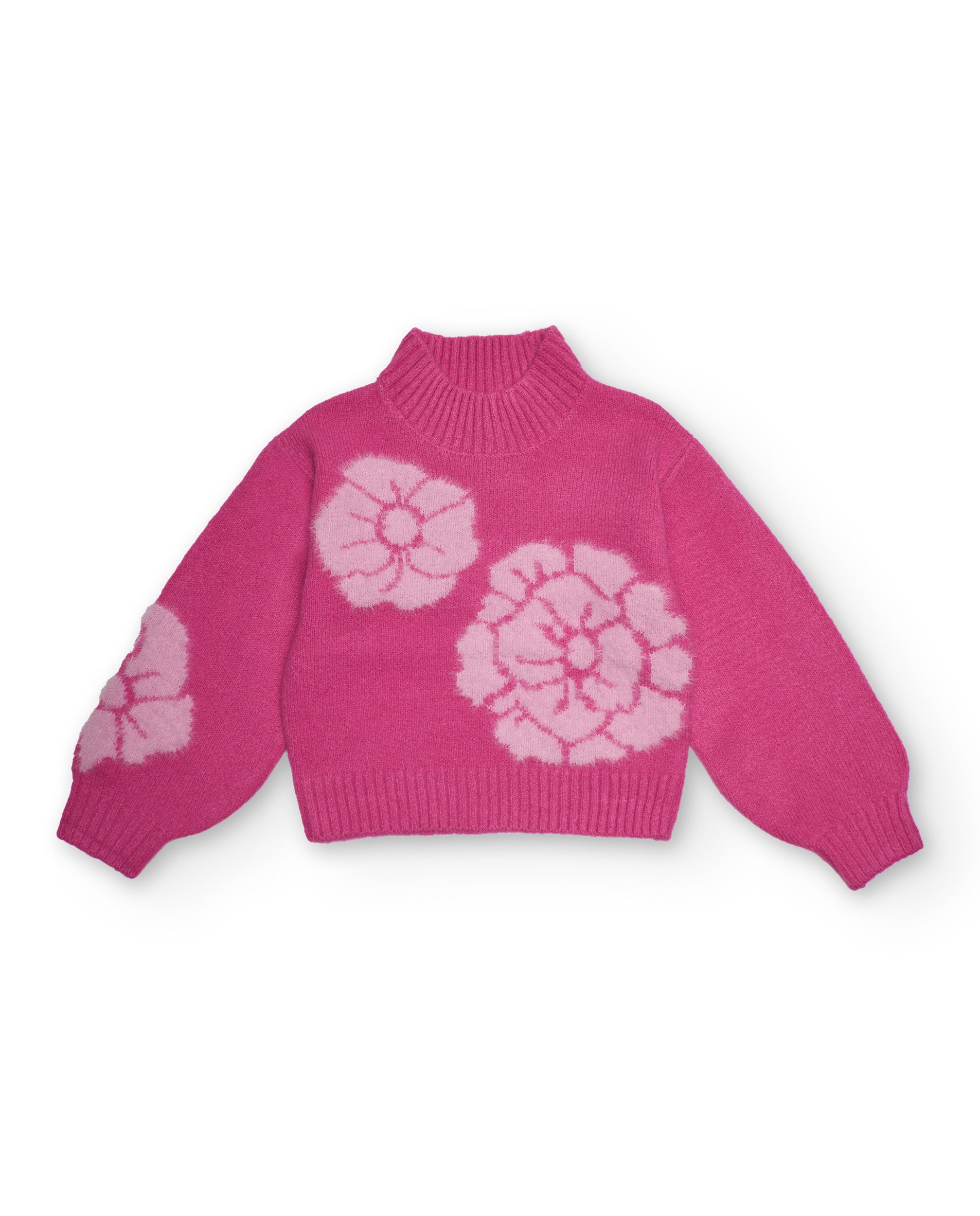 Jersey rosa para niña con cuello alto y flores grandes