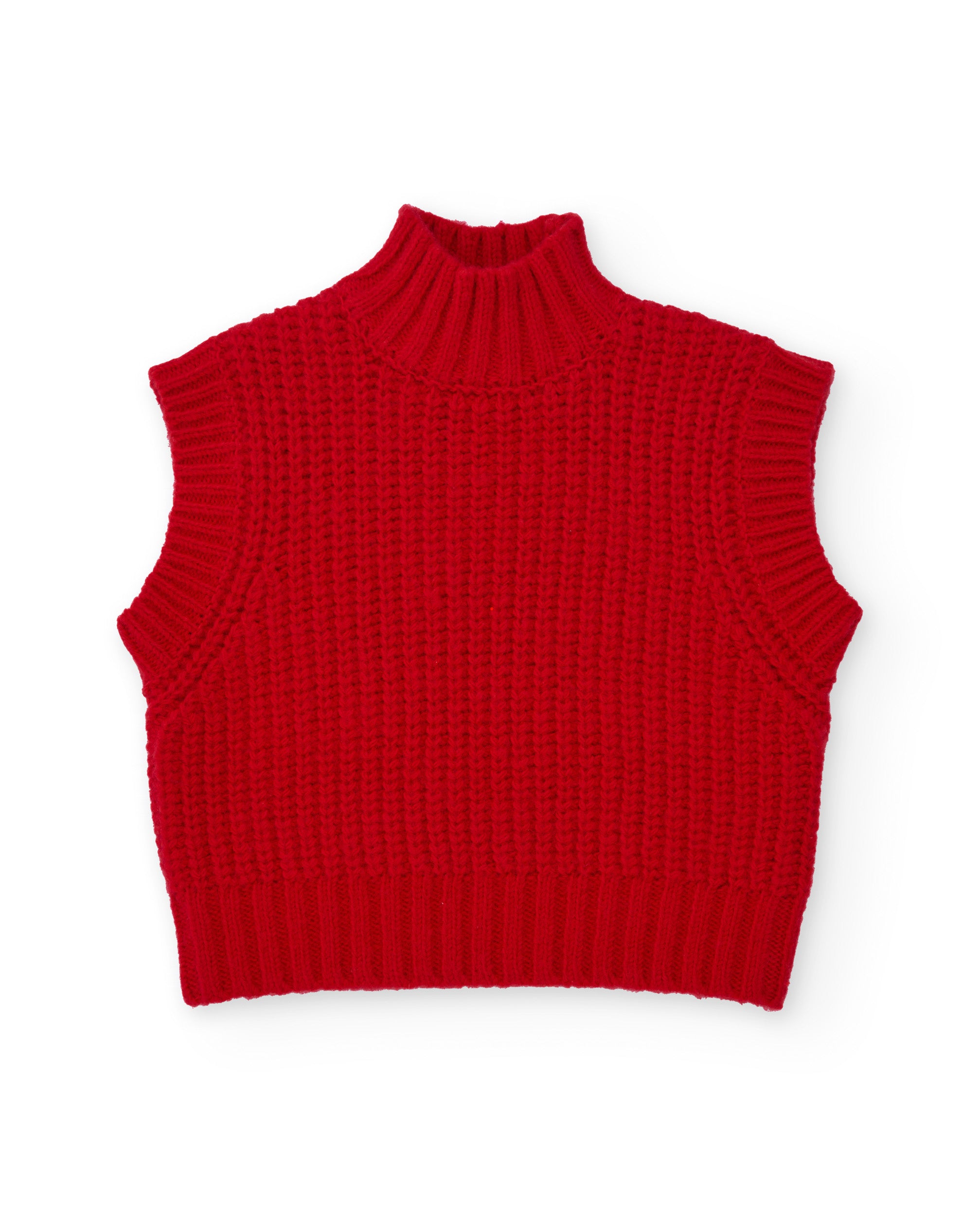 Chaleco de punto rojo para niña con cuello alto