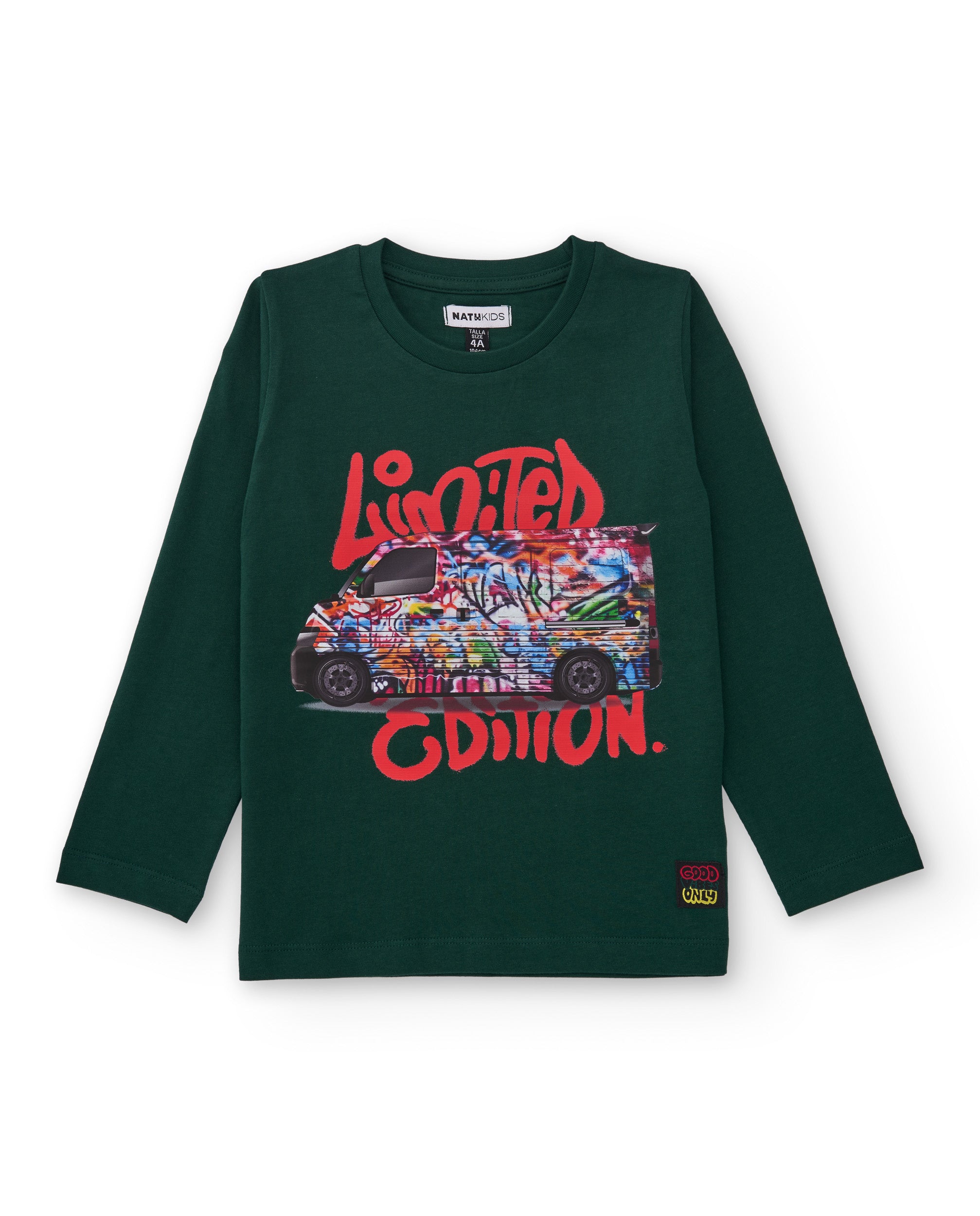 Camiseta verde de manga larga con estampado de furgoneta