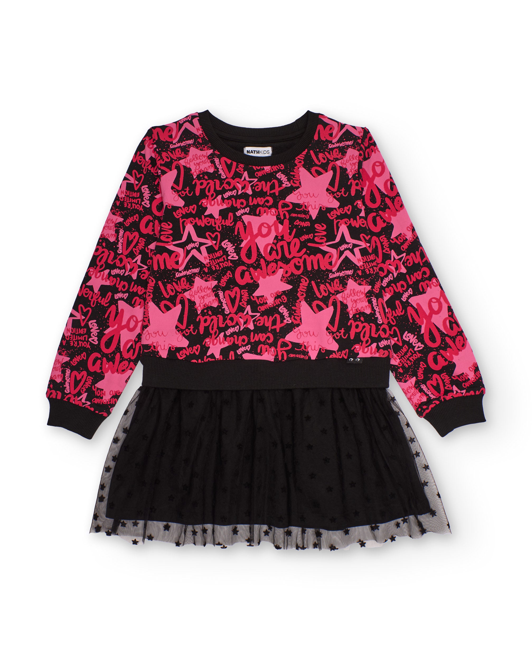 Vestido combinado para niña con estampado fucsia y falda de tul