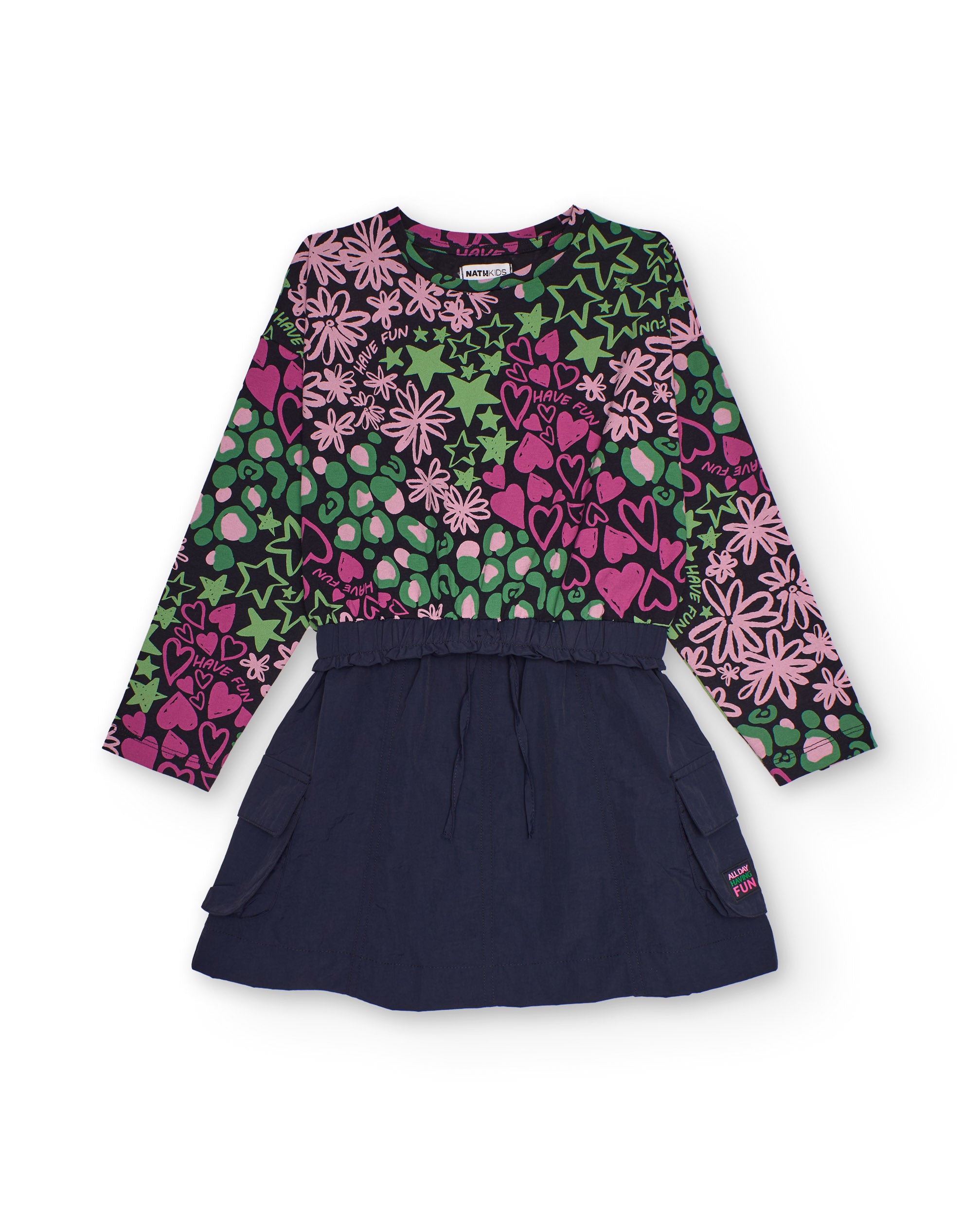 Vestido combinado para niña con estampado multicolor y falda