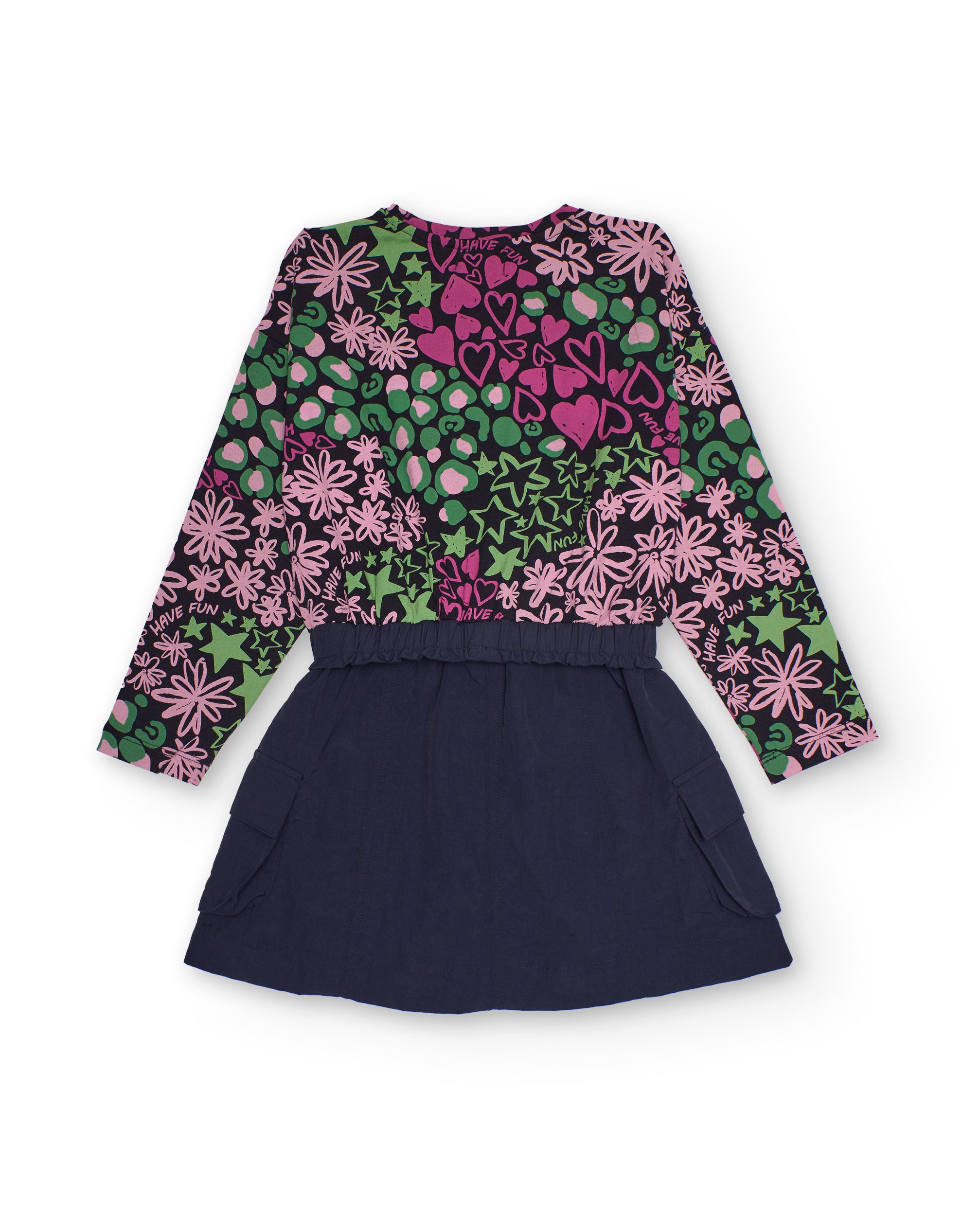 Vestido combinado para niña con estampado multicolor y falda