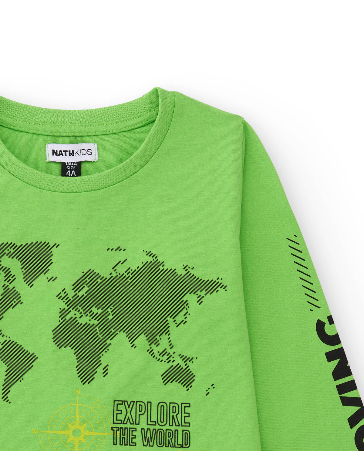 Camiseta verde de manga larga para niño con gráfico de mapa