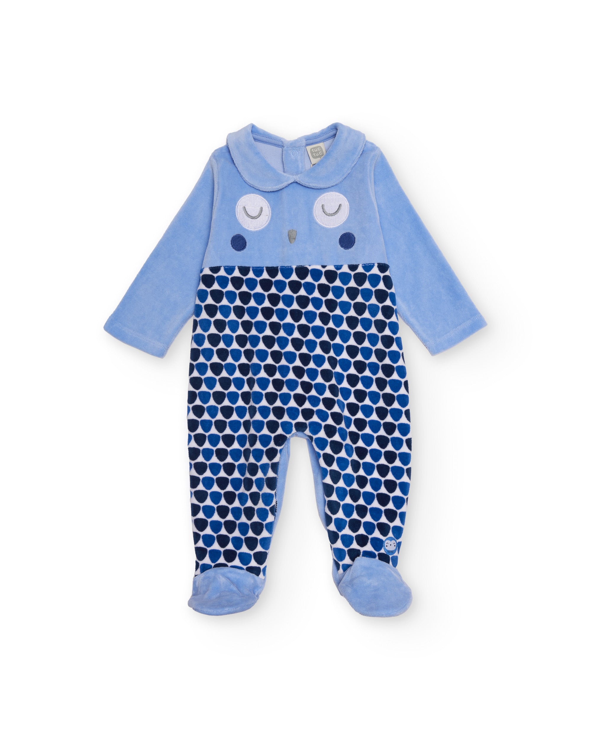 Pelele de recién nacido en azul con diseño de búho y estampado