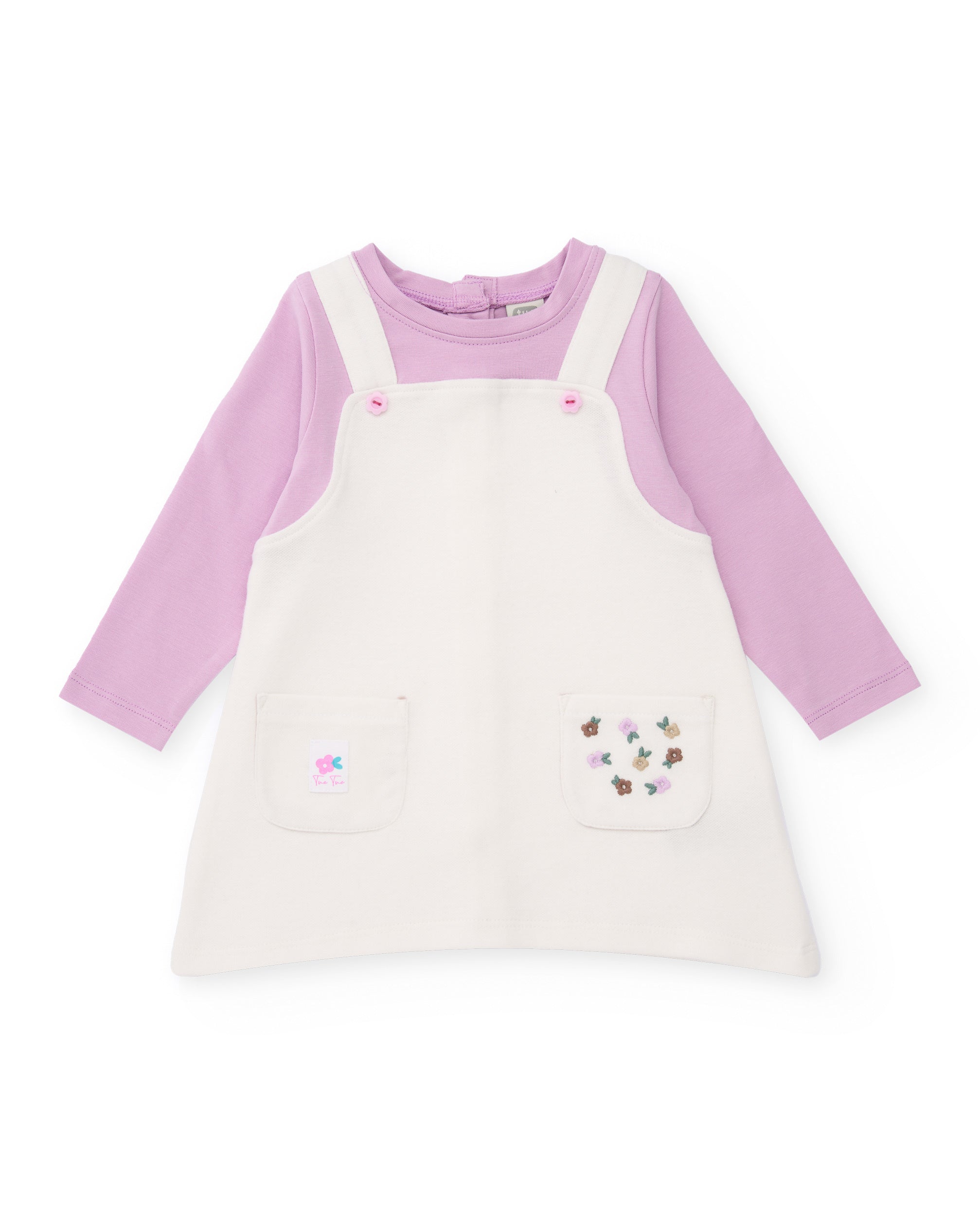 Vestido de recién nacido en lila y crudo con bolsillos bordados