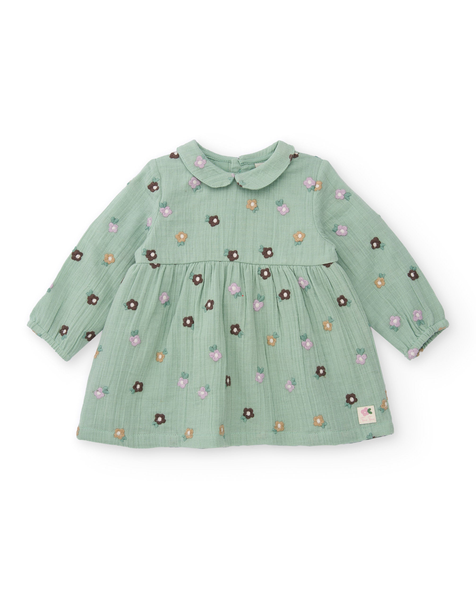 Vestido de gasa para niña color verde con bordado de flores