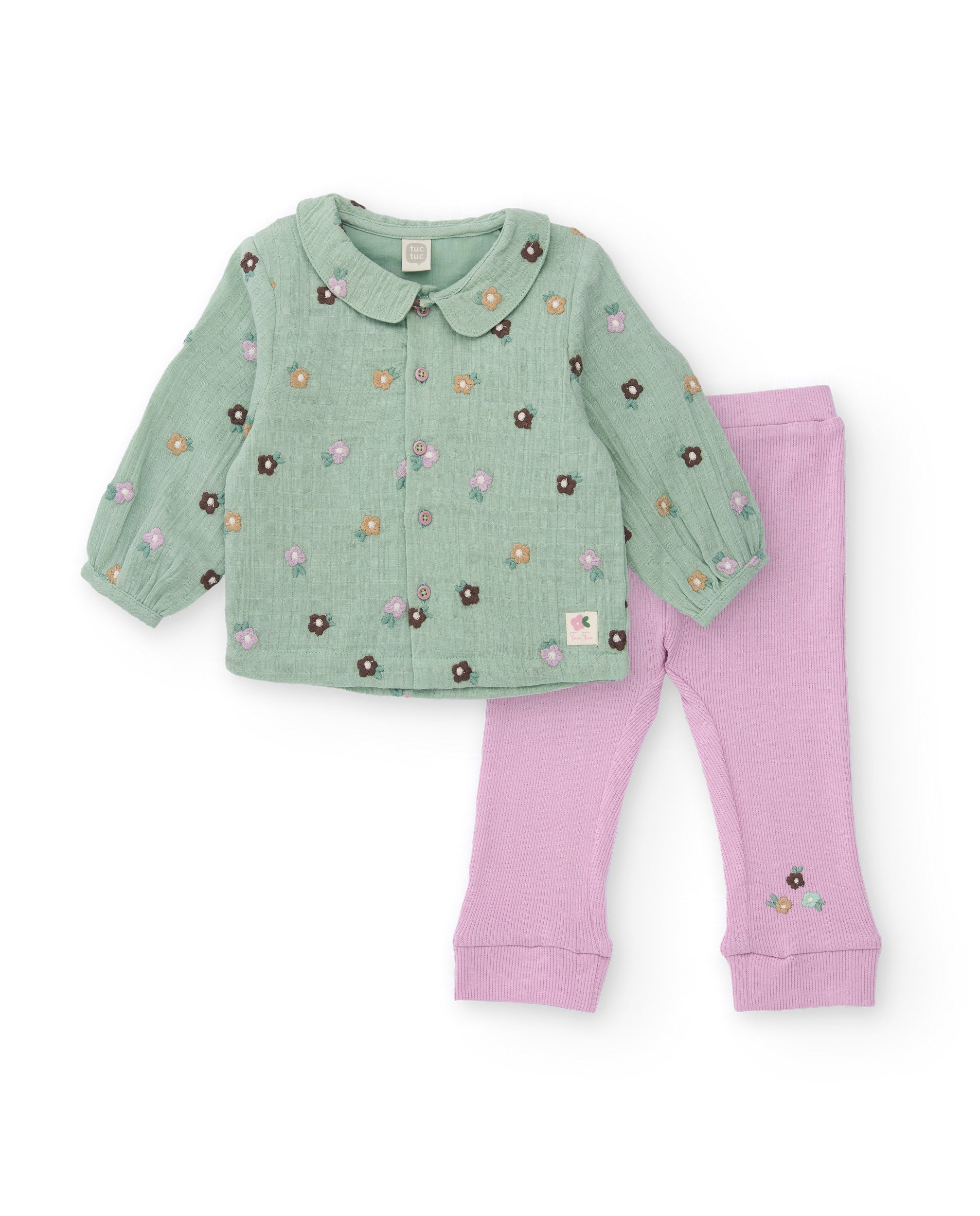 Conjunto para recién nacido de blusa verde y pantalón rosa con