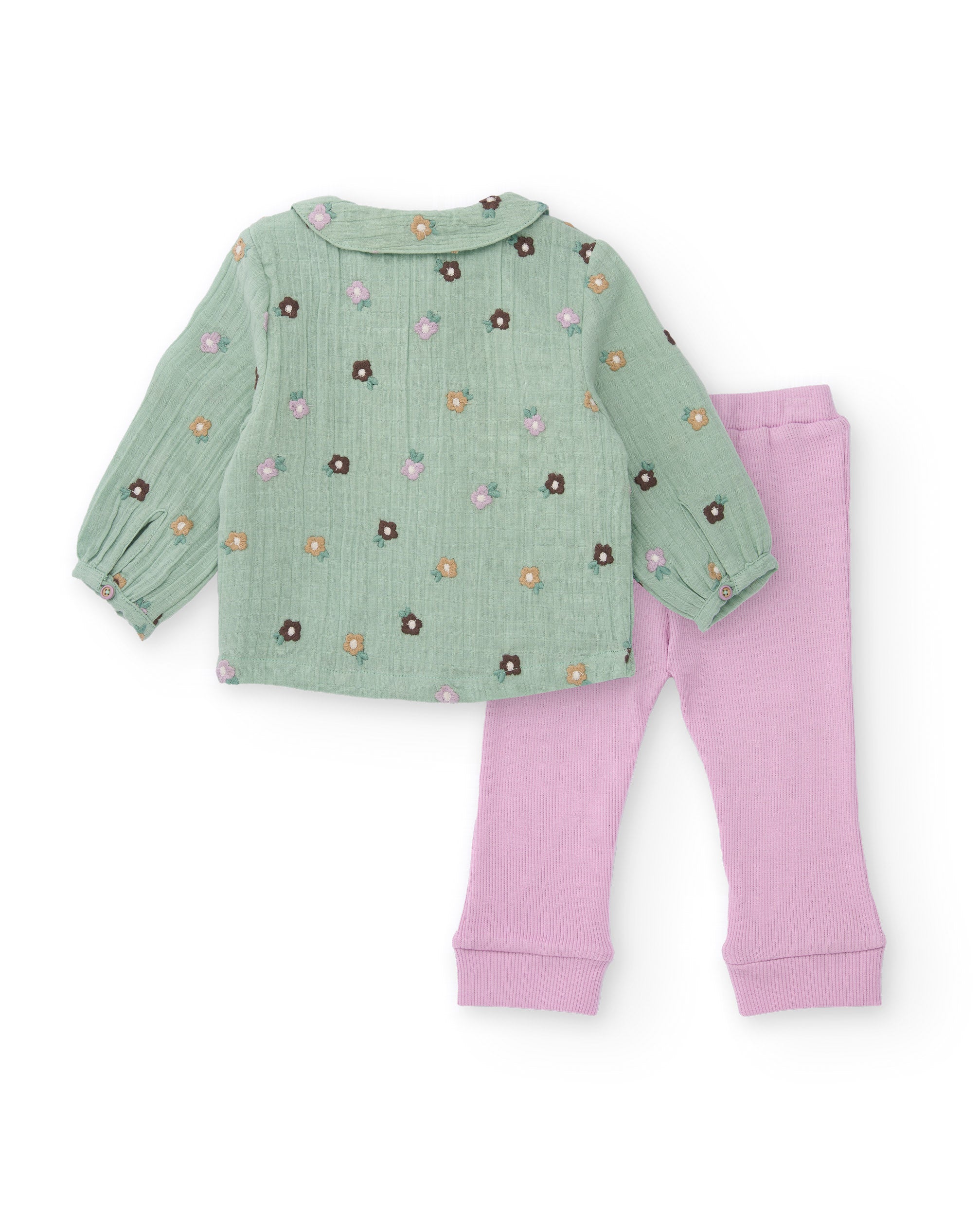 Conjunto para recién nacido de blusa verde y pantalón rosa con