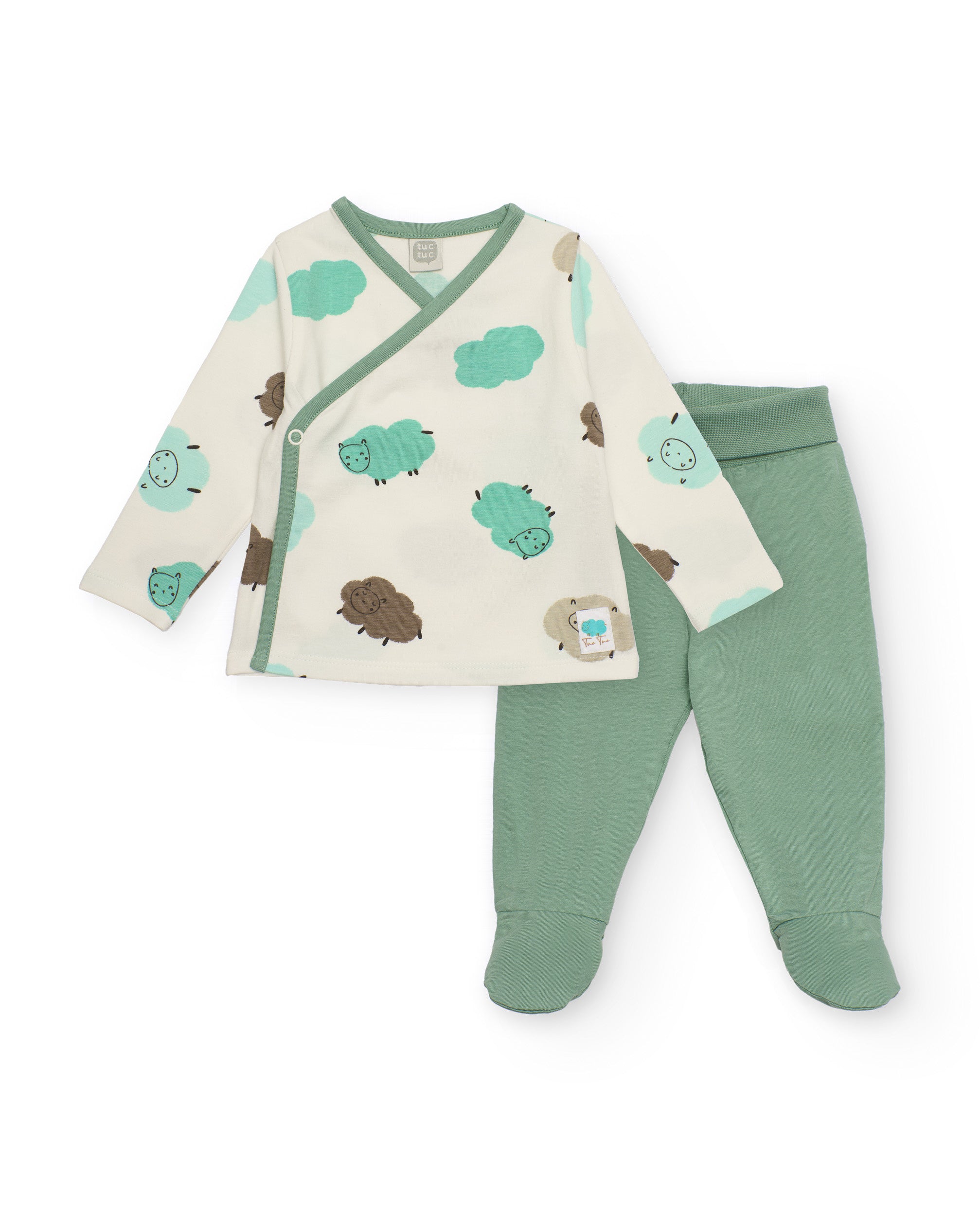 Conjunto de recién nacido en crudo y verde con estampado de