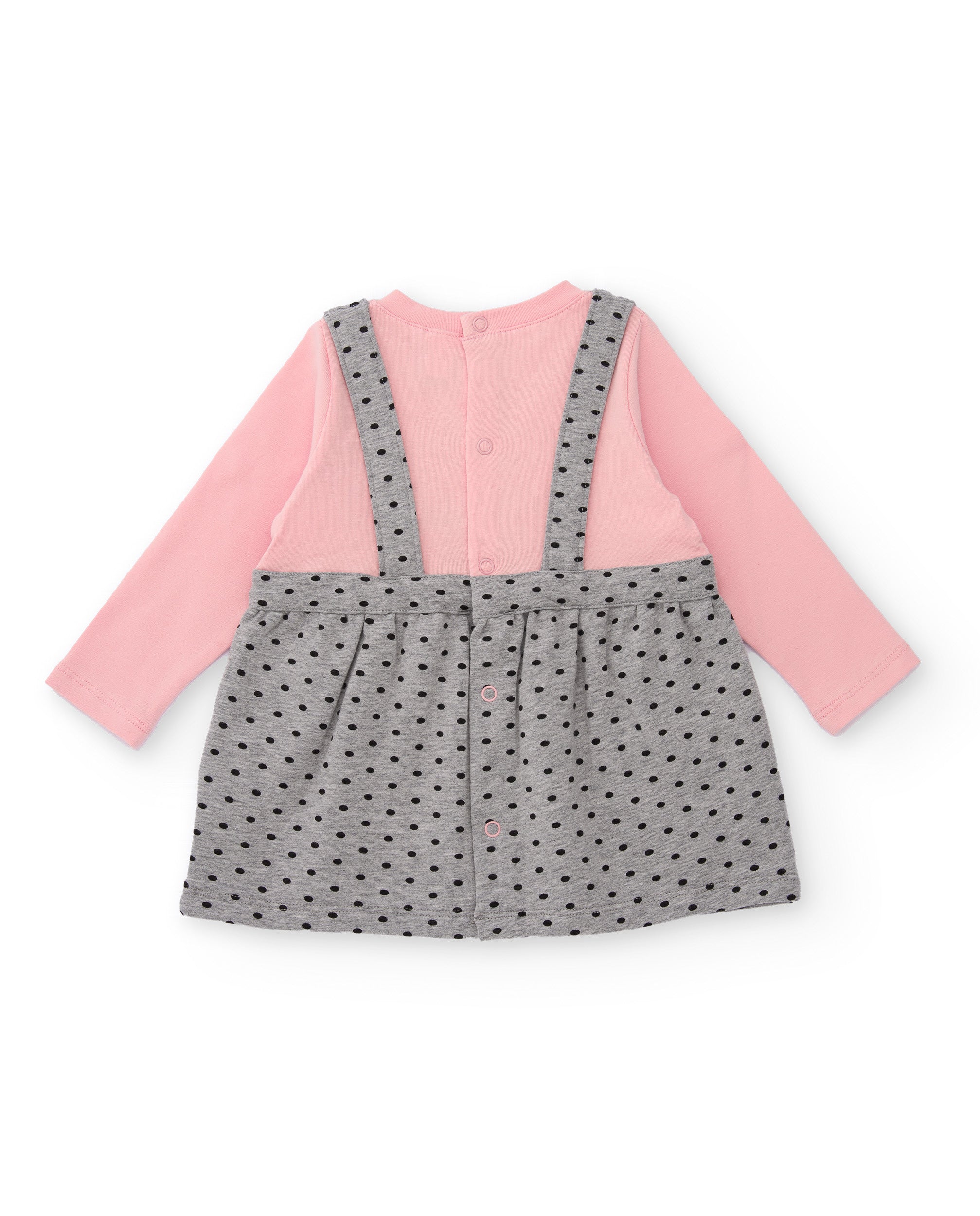 Vestido de recién nacido en rosa y gris con tirantes de lunares