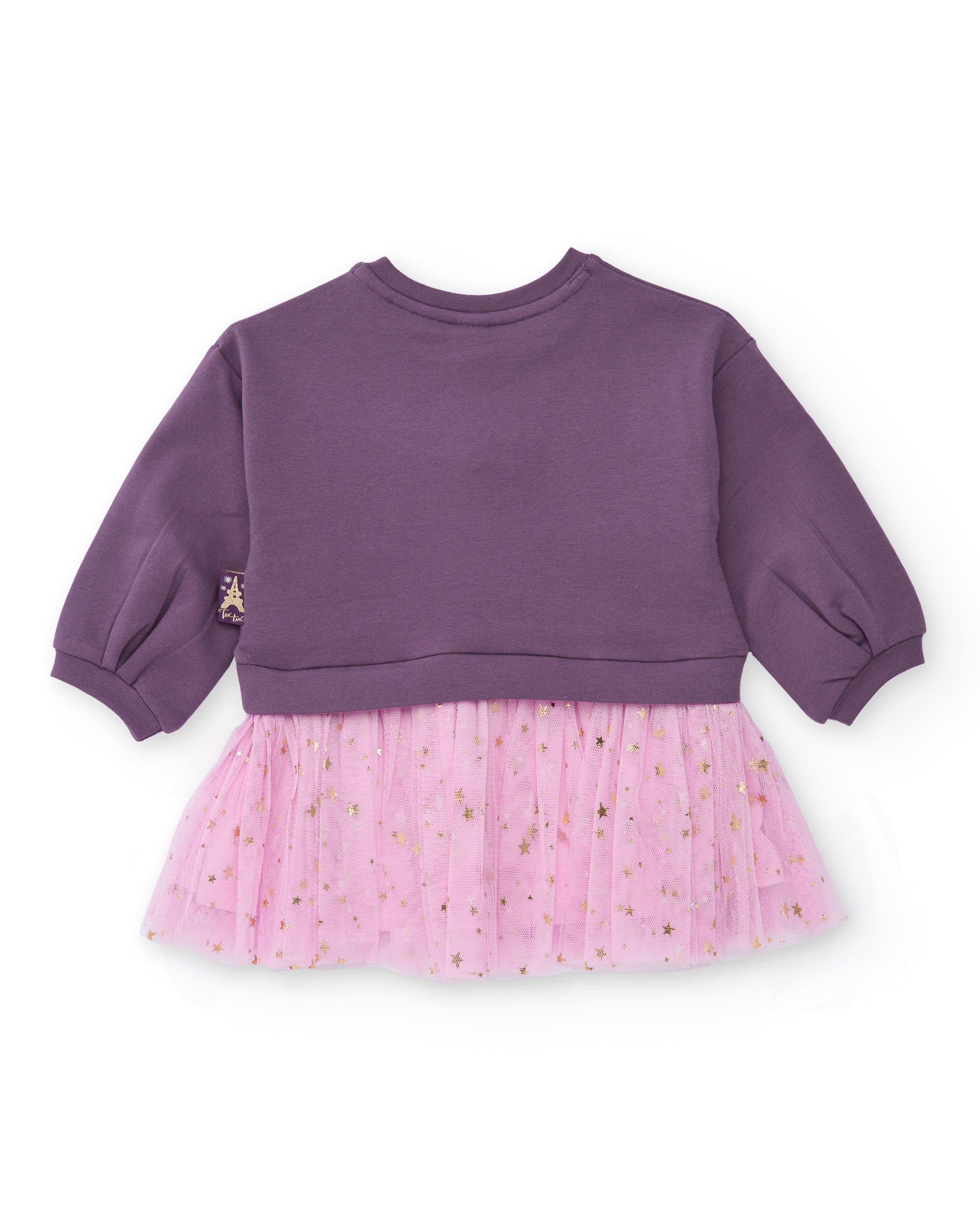 Vestido morado para niña con falda de tul rosa y detalles de