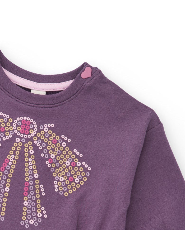 Vestido morado para niña con falda de tul rosa y detalles de