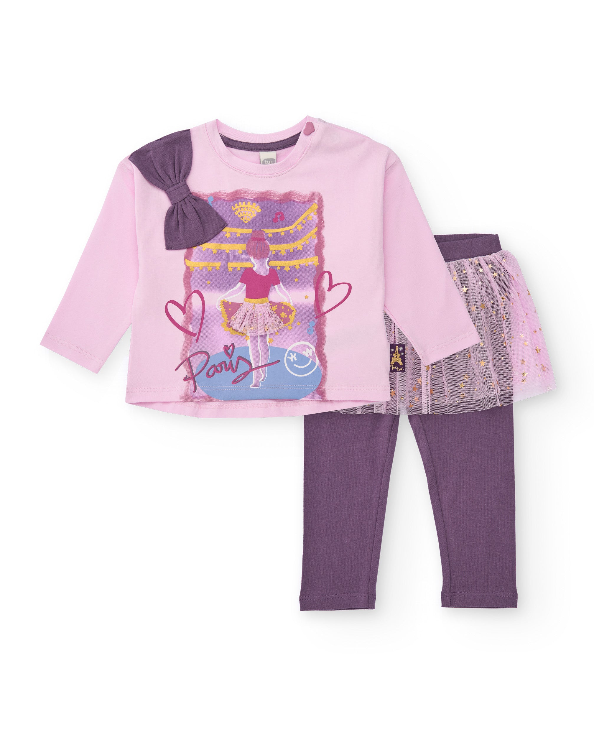 Set de blusa y mallas para niña color rosa y morado con diseño