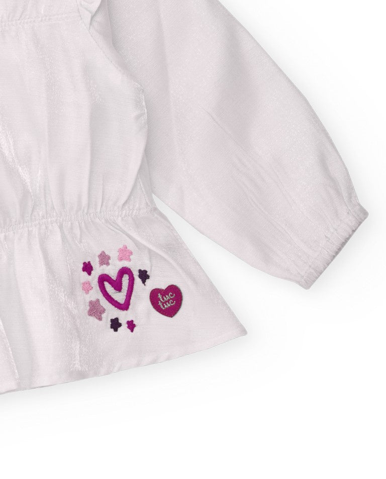 Blusa de manga larga para niña color blanco con detalle de