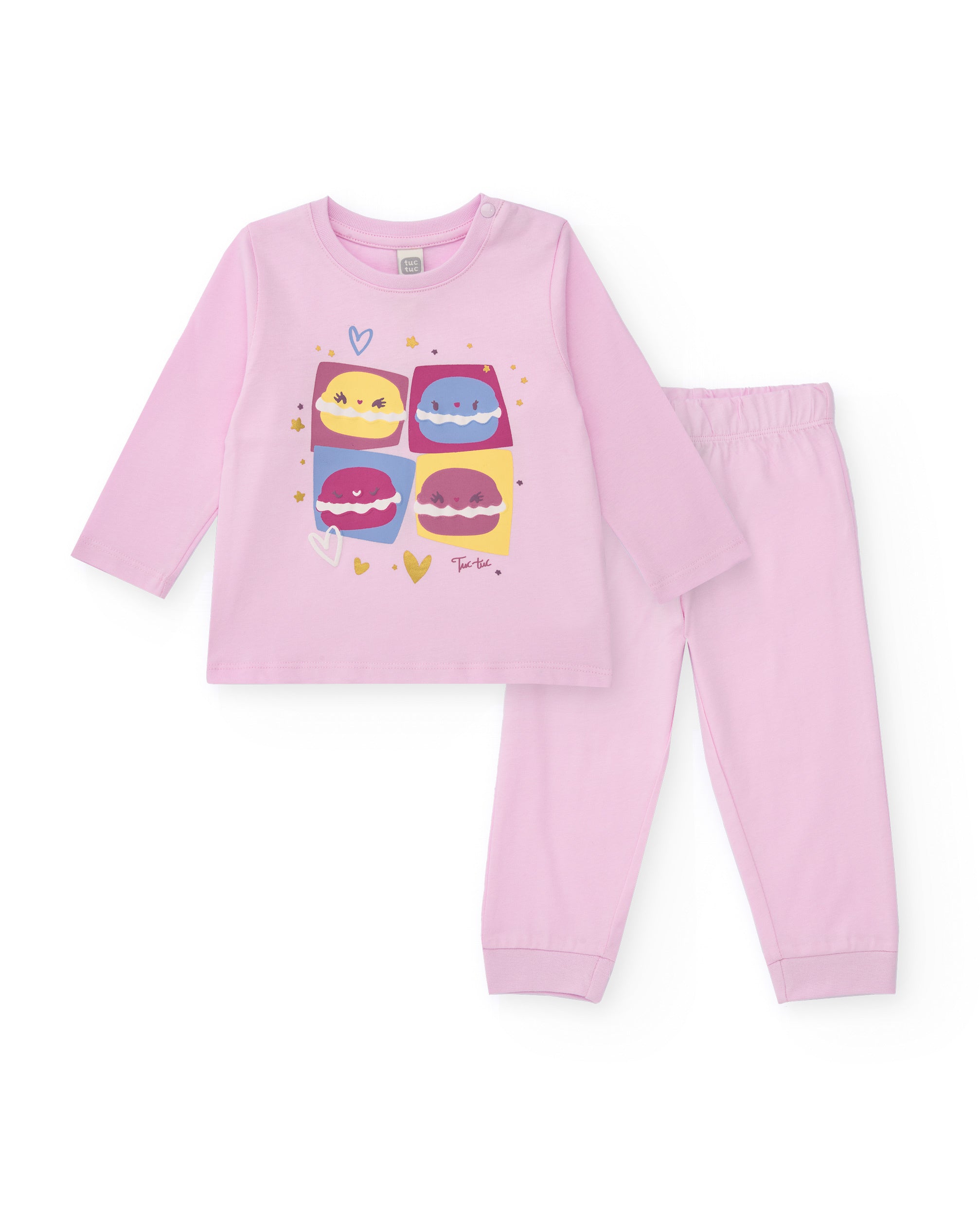 Pijama de punto para niña color rosa con estampado de macarons.