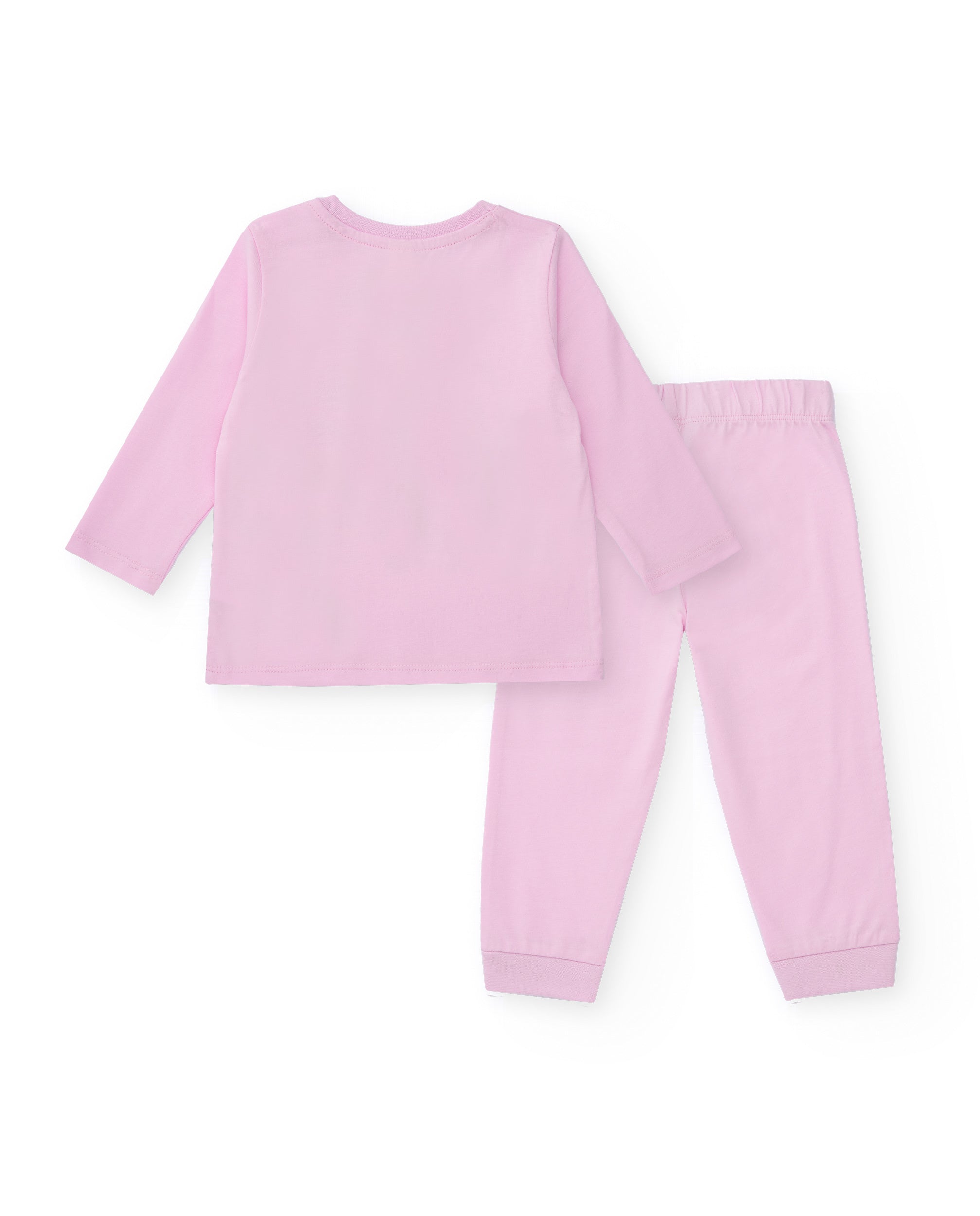 Pijama de punto para niña color rosa con estampado de macarons.