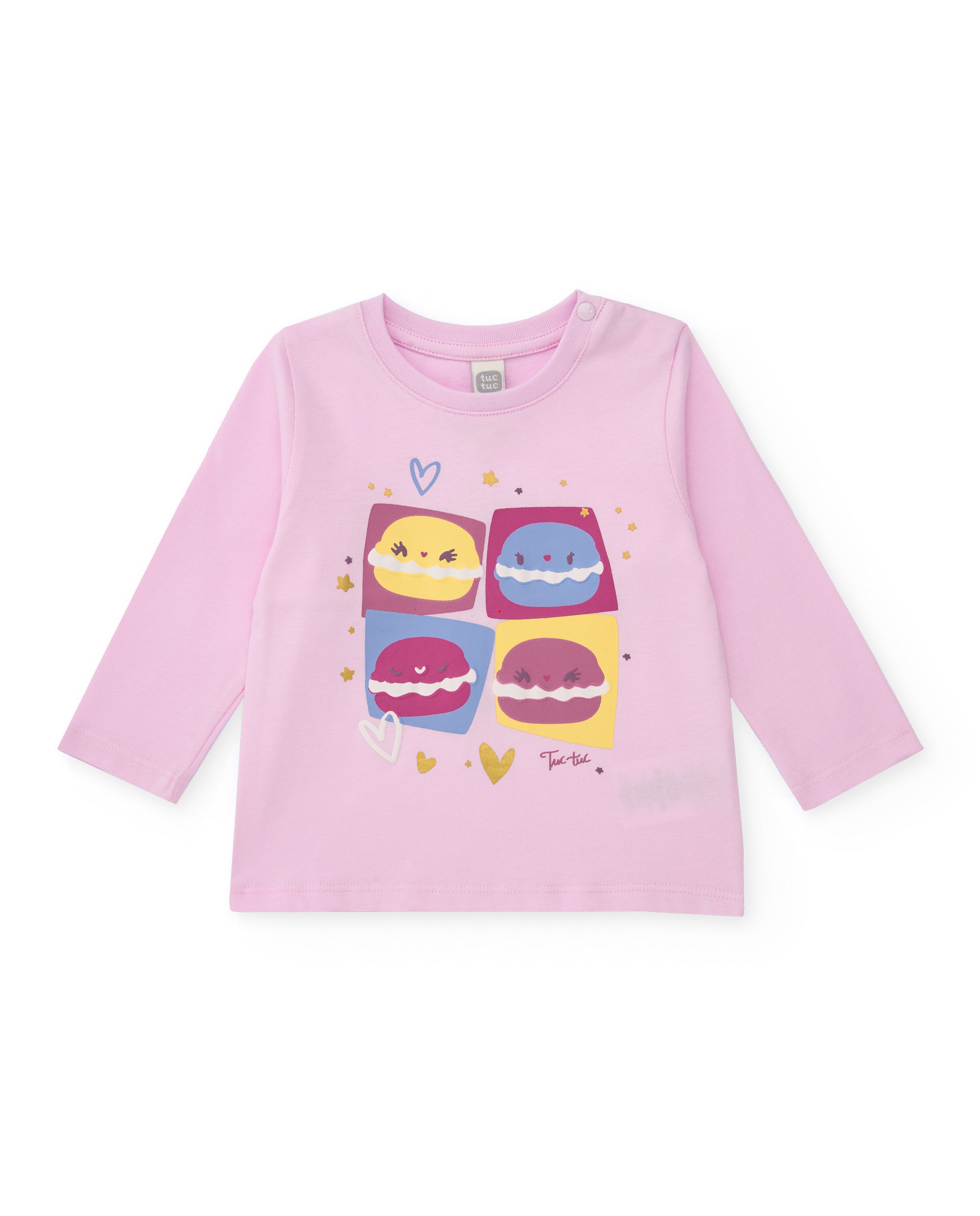 Pijama de punto para niña color rosa con estampado de macarons.