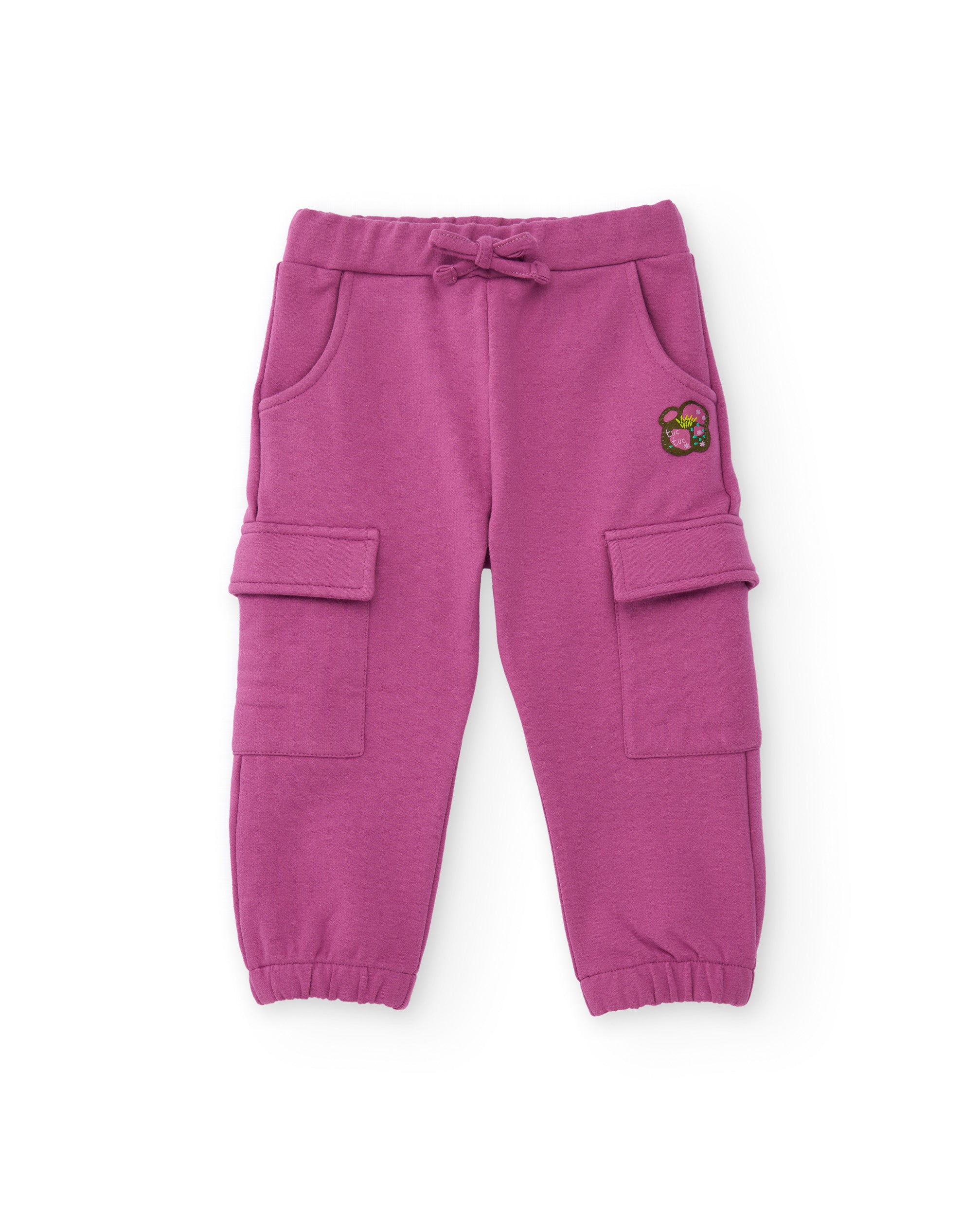 Pantalón tipo jogger para niña color fucsia con bolsillos cargo.