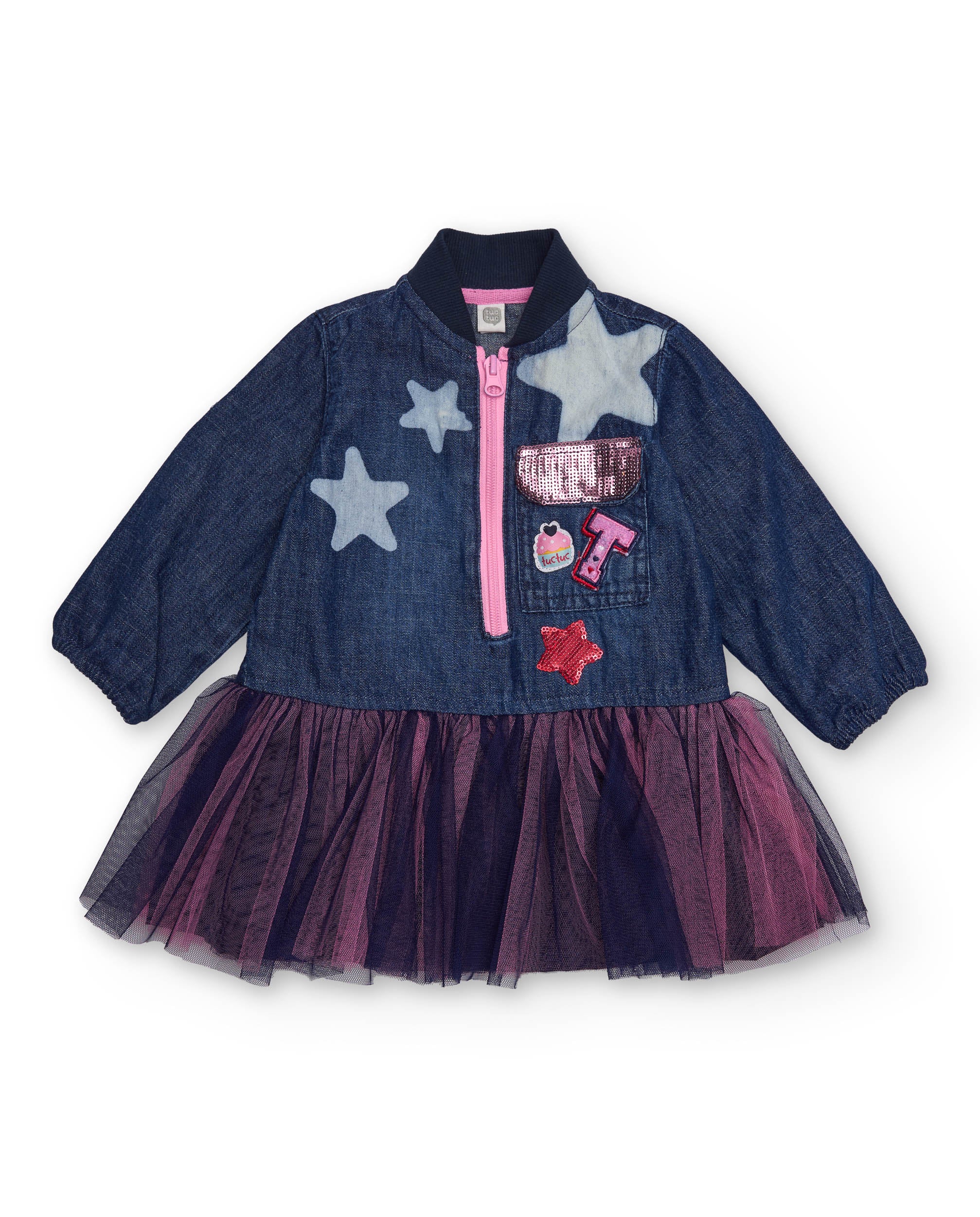 Vestido para niña de mezclilla con falda de tul y aplicaciones